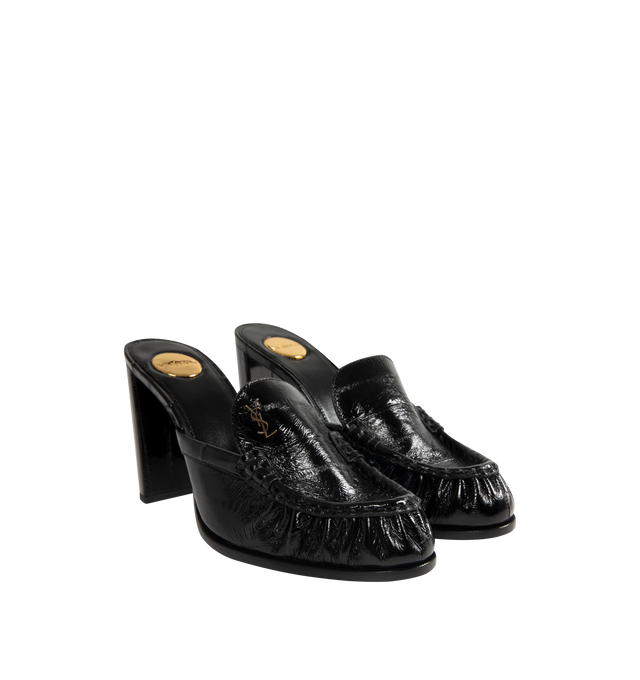 Image 2 of 4 - BLACK - SAINT LAURENT Le Loafer Mule featuring supple penny loafer mule pump, hand-stitched moc toe, covered block heel, round saint laurent-engraved metal plaque on the insole and leather sole. Heel height: 3.5 inches. Eel. Made in Italy. 