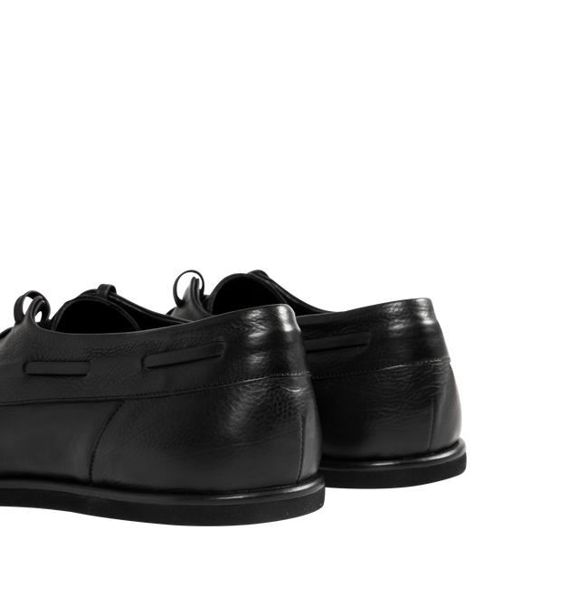 Image 3 of 4 - BLACK - AURALEE Soft Leather Deck Shoes featuring open lacing, round toe and woven boat shoe details. Calf leather. Made in Japan.