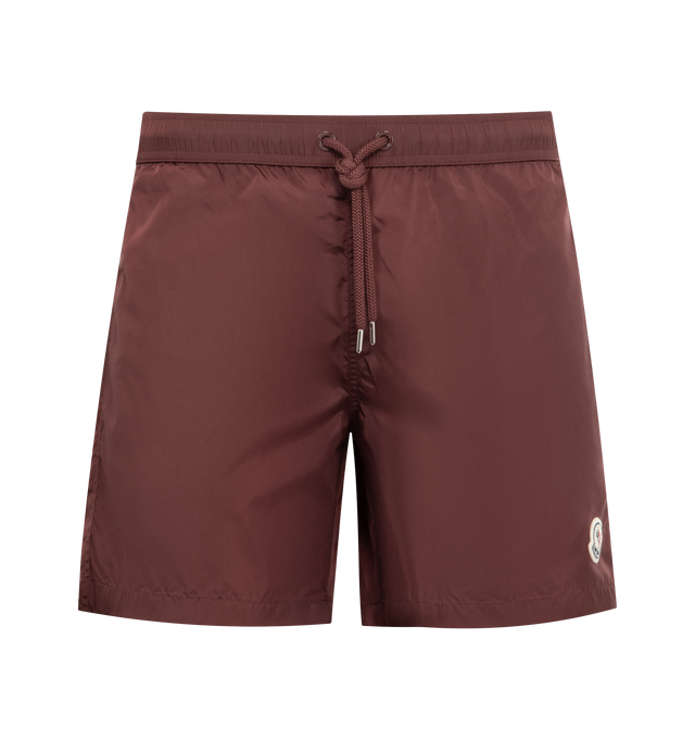 Image 1 of 3 - RED - MONCLER Swim Shorts featuring waistband with drawstring fastening, side pockets, zipped back pocket and silicone logo patch. 100% polyamide/nylon.