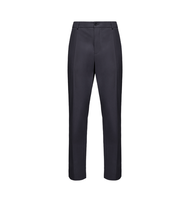 Image 1 of 1 - NAVY - MONCLER Trousers featuring a technical cotton and nylon blend, adjustable waistband, zipper and button closure, regular fit, straight legs and side pockets. 64% cotton, 36% polyamide/nylon.