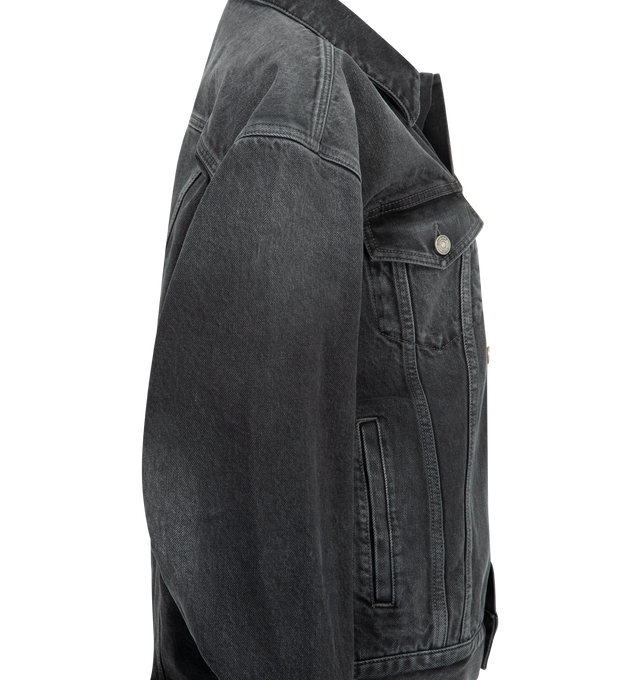 Image 3 of 3 - BLACK - SAINT LAURENT Oversized Jean Jacket featuring long egg-shaped denim jacket, a button closure, adjustable button tabs at the back waist, two welt pockets at the front, two reverse patch pockets with button flap at the chest, pointed collar, one-button cuffs and saint laurent paris embossed leather jacron. 100% cotton. Made in Italy.  