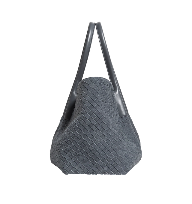 Image 3 of 4 - BLUE - BOTTEGA VENETA Pinacoteca Reversible Intrecciato Leather Tote featuring double top handles with 8" drop, open top with tie closure, removable zip pouch, reversible design, signature intrecciato woven leather detailing and suede lining. Leather. 17"W x 7"D x 9"H. Made in Italy