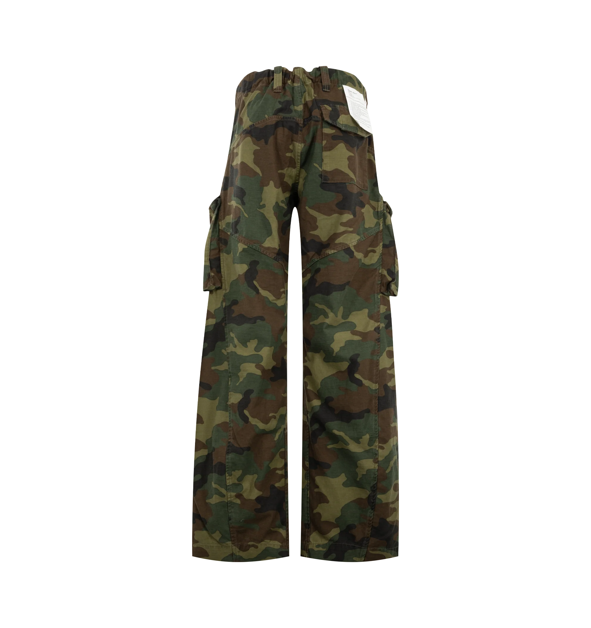 Image 2 of 3 - GREEN - R13 Womens Barrel Cargo Pants are crafted from Japanese camo ripstop and feature a barrel-leg silhouette with an elastic waistband and adjustable buttoned hems. Main Material: 100% Cotton. 