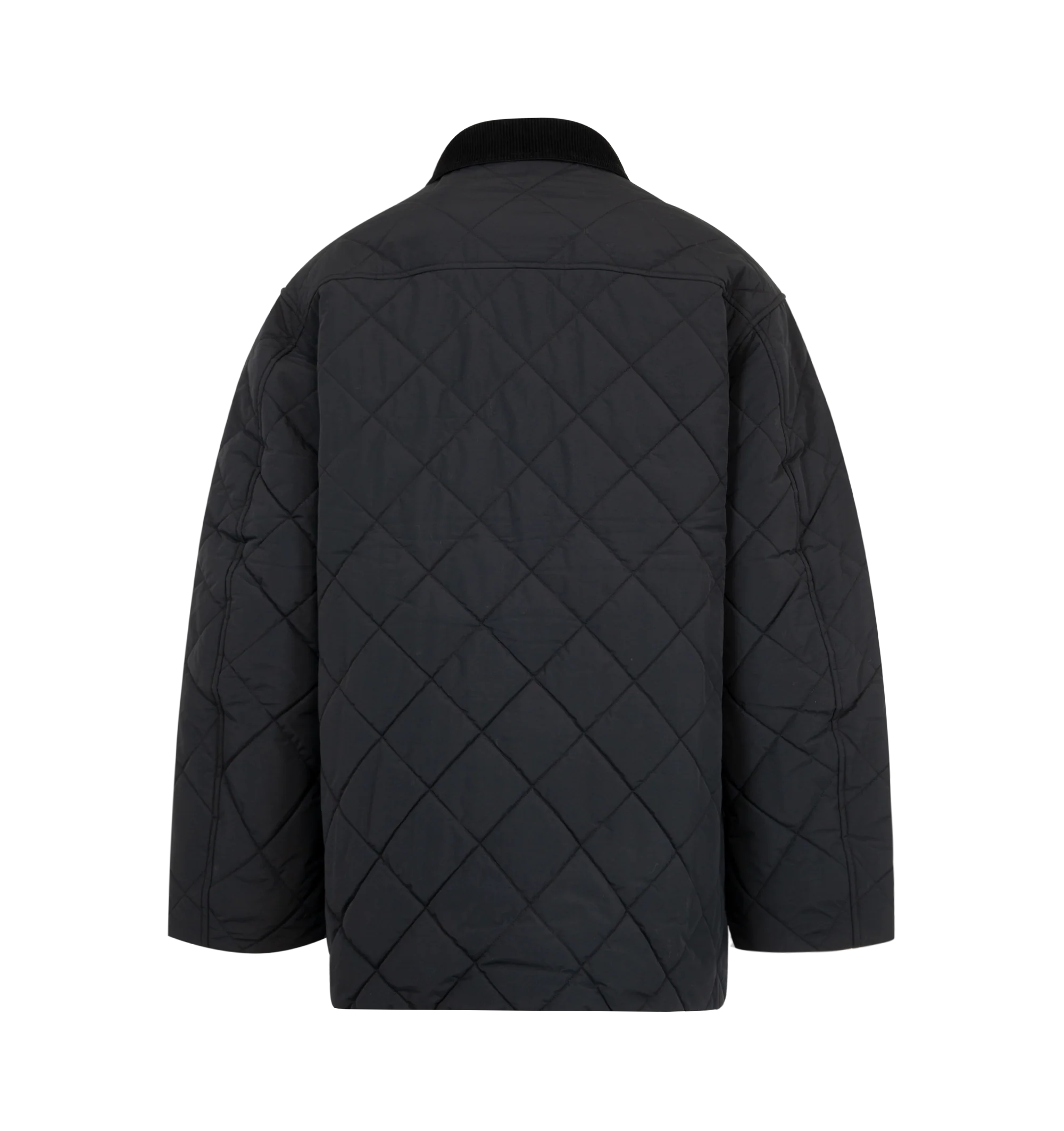 Image 2 of 3 - BLACK - Canada Goose Terra Coat is crafted from durable two-layer woven nylon with windproof and water-repellent properties for protection in cold, changing conditions. Designed with an intentionally oversized fit and mid-thigh length for easy layering and added coverage, this designer coat features contrasting corduroy at the collar and cuffs, a zip-front closure concealed by a snap-button placket, and multiple functional pockets throughout. Main Material: 100% Recycled Polyamide. Fill: 100% 