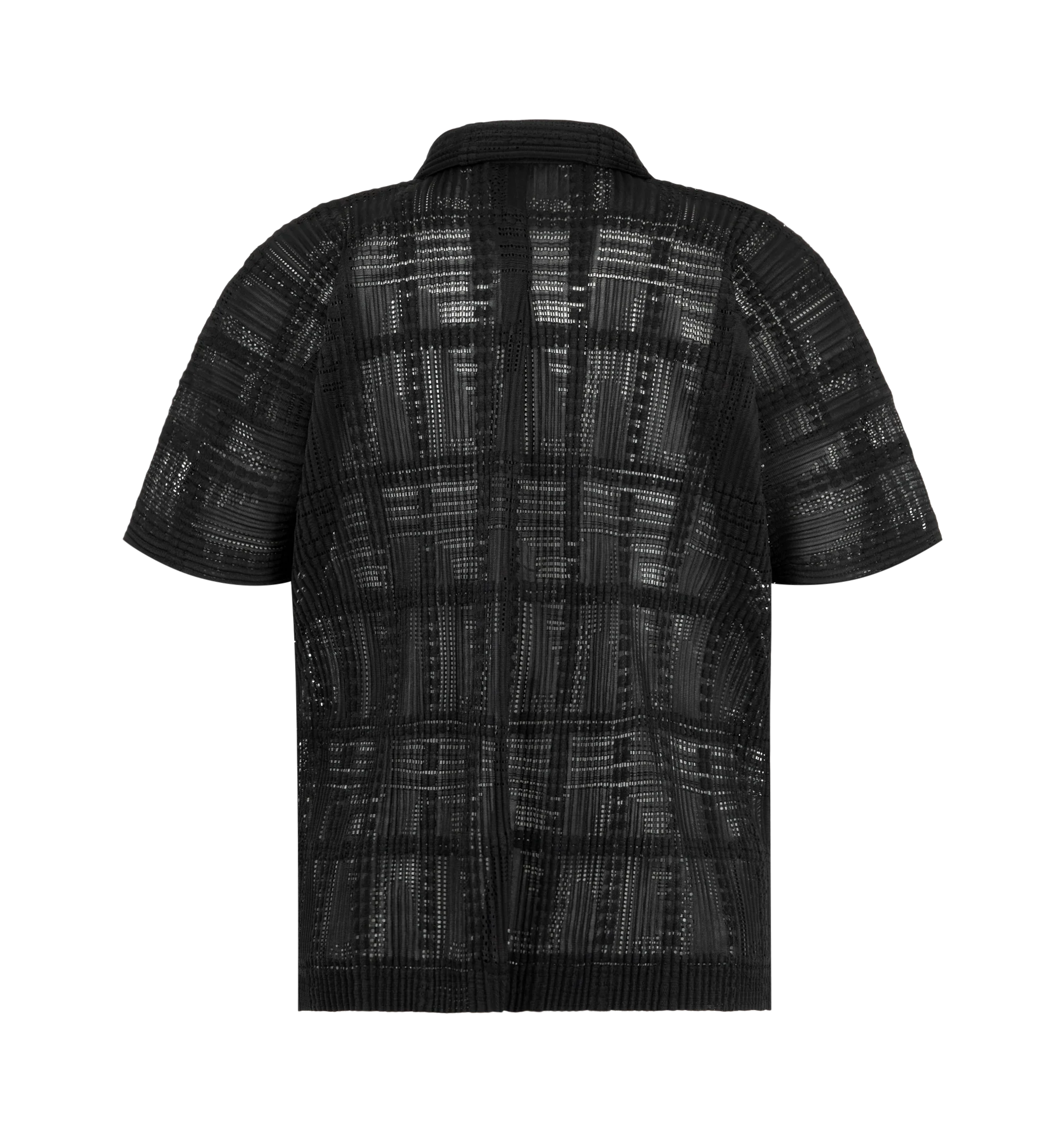 Image 2 of 2 - BLACK - Issey Miyake Men's Lace Grid Pleats Shirt is crafted from a lace-like cotton-blend polyester fabric and features an expressive pleated texture with a sheer, three-dimensional finish ideal for layered styling. Designed with an open collar, button-front closure, and side slits for ease of movement. Main Material: 75% Polyester, 25% Cotton. Collar: Open Collar. Closure: Button Front. Details: Side Slits.  