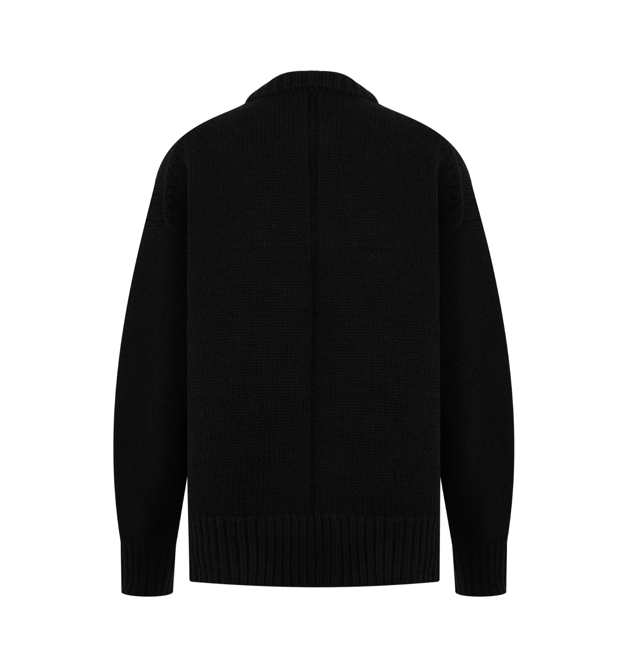 Image 2 of 2 - BLACK - The Row women's Oversized crewneck sweater in midweight wool and cashmere with ribbed neckline, cuffs, and hem, bell-shaped sleeves, and signature center back detail. 65% Wool, 35% Cashmere. Made in Italy.