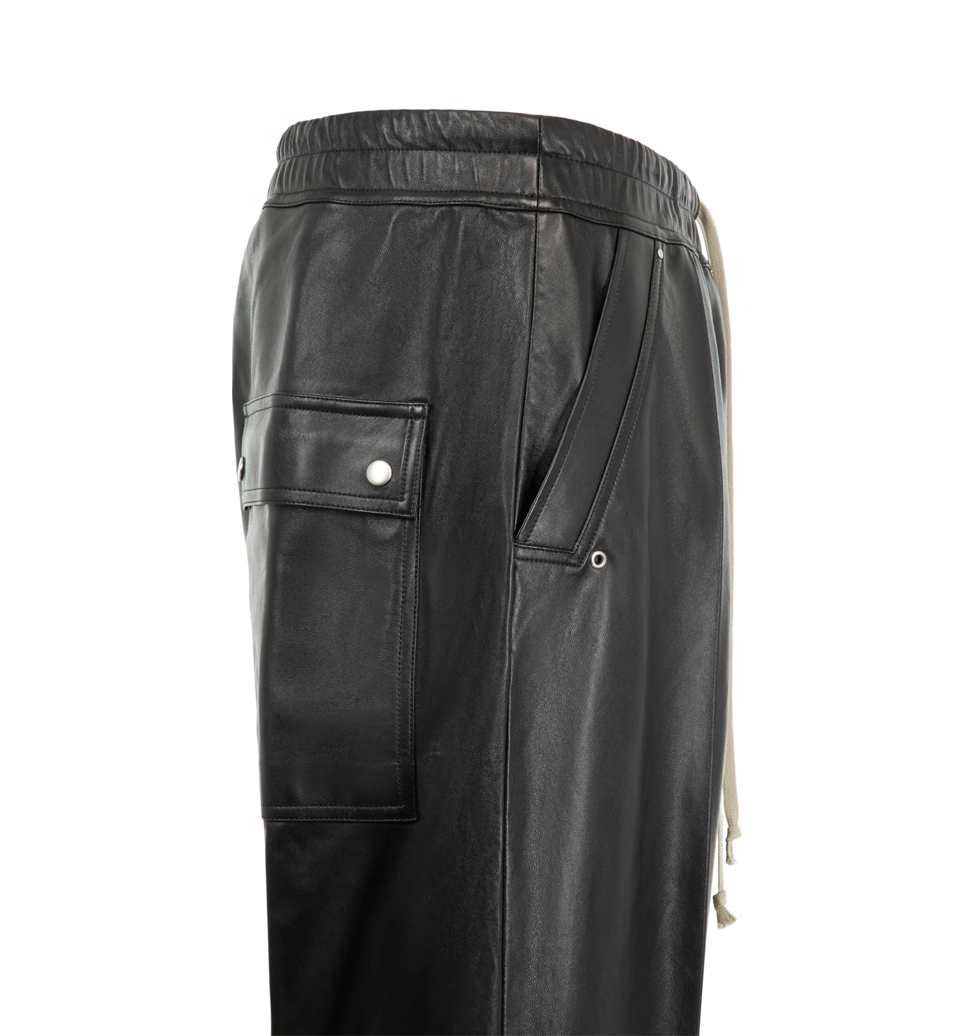 Image 3 of 3 - BLACK - Rick Owens Men's Bela Pants are crafted from lightweight waxed lamb leather and feature a loose-fit, full-length silhouette with a dropped crotch. Designed with an elasticized drawstring waistband, exposed zip Bela fly, side welt pockets, and back flap pockets with snap closures. Main Material: 100% lamb leather. Lining: 100% cupro.