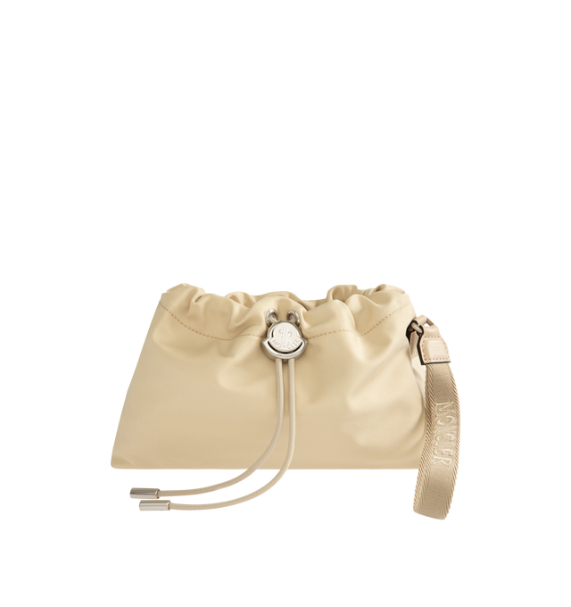 Image 1 of 3 - NEUTRAL - MONCLER Trick Water-Repellent Pouch featuring nylon drill, recycled water-repellent nylon lining, drawstring fastening, detachable wristlet with carabiner and embroidered logo. L 30 cm x H 20 cm x D 13 cm. 52% polyamide/nylon, 48% polyester. Made in Italy.