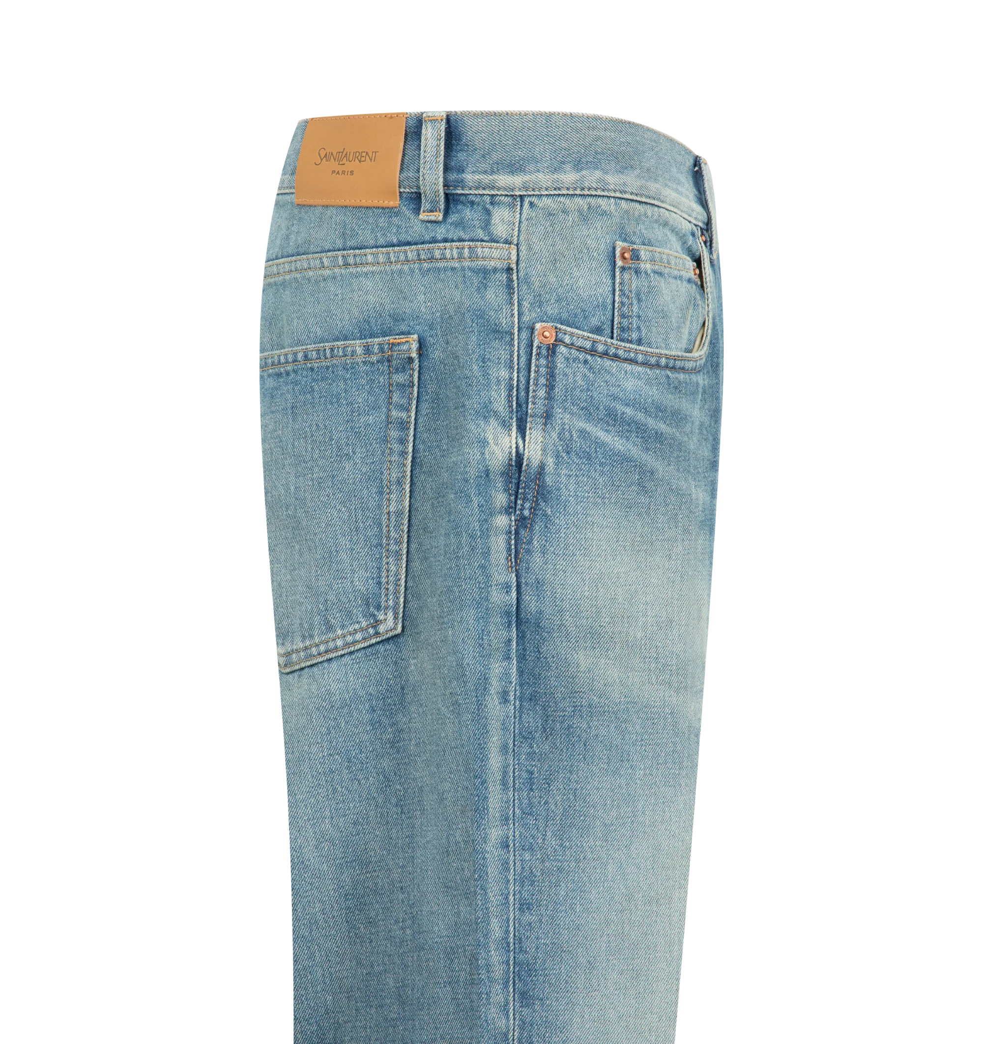 Image 3 of 3 - BLUE - Saint Laurent Men's Relaxed Tapered Jeans are crafted from certified cotton and feature a mid-rise waist, relaxed tapered leg, center crease, button fly, five-pocket styling, belt loops, and a Saint Laurent Paris embossed leather jacron. This designer denim combines modern tailoring with signature Saint Laurent detailing for elevated everyday wear. Main Material: Cotton. Made in Japan.