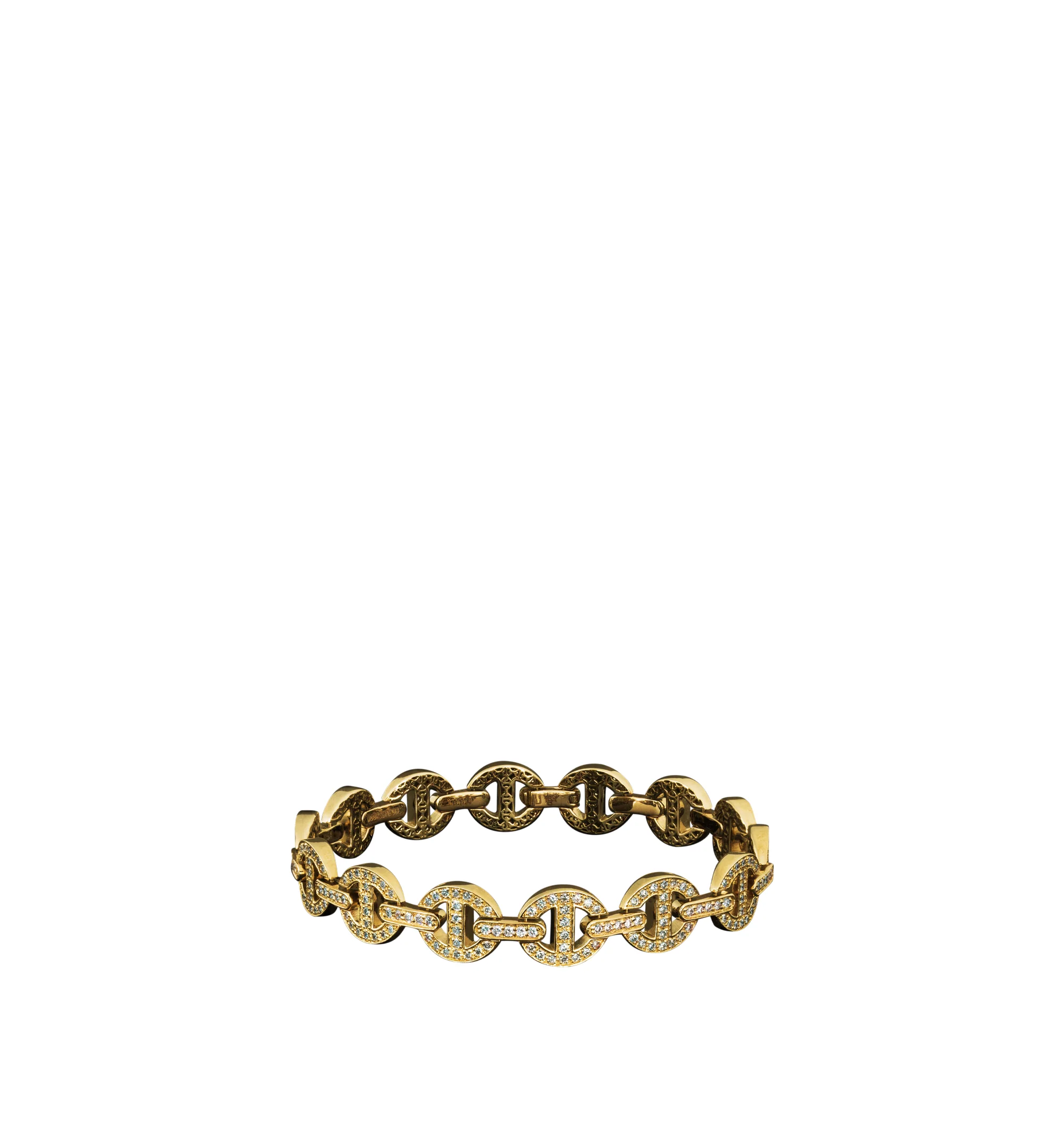 Image 1 of 1 - GOLD - Hoorsenbuhs Antiquated MMV Small Hinged Bracelet featuring the brands iconic tri-link motif in 18K gold with G VS1 natural diamonds. Designed with a slim profile and deco-inspired face, this handcrafted bracelet is detailed with handset diamond tri-link silhouettes. For personal consultation and detailed information about jewelry, please contact our dedicated stylist team at personalshopping@hirshleifers.com.This item may be restricted for online purchase to international clients. For