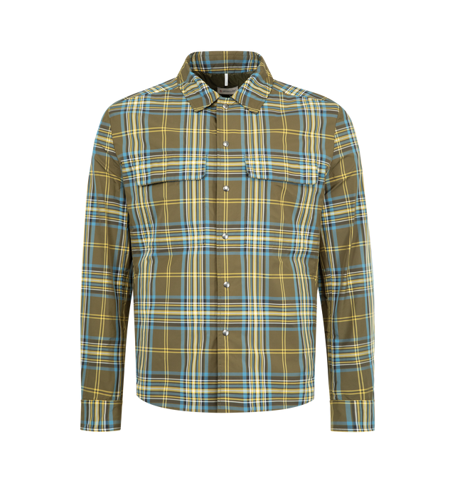 Image 1 of 4 - GREEN - MONCLER Monogram Checked Shirt Jacket featuring nylon technique, zipper and snap button closure, zipped pockets, adjustable cuffs and logo patch. 100% polyamide/nylon.