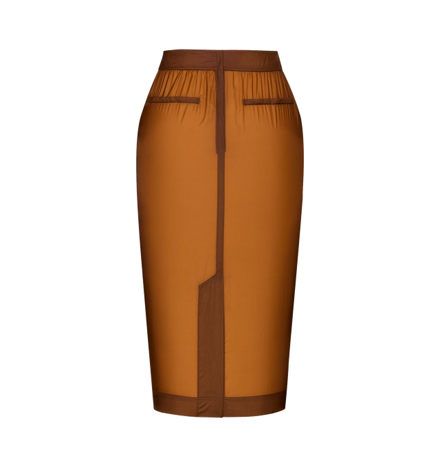 Image 3 of 3 - BROWN - SAINT LAURENT Nylon Pencil Skirt featuring semi-sheer pencil skirt, concealed back zip closure, two welt pockets at the front and single back vent. 100% polyamide. Made in Italy.