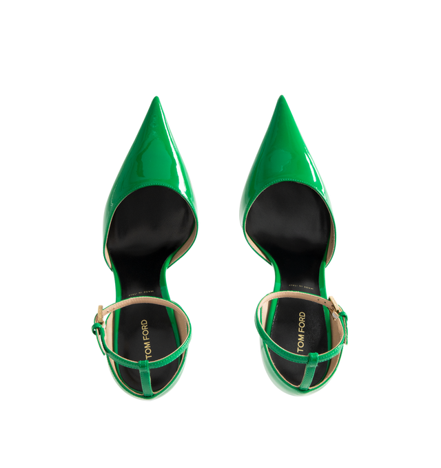 Image 4 of 4 - GREEN - TOM FORD Vertigo Patent Leather Pumps featuring patent leather uppers, slingback silhouette, pointed toes and ankle strap. Leather. Made in Italy.