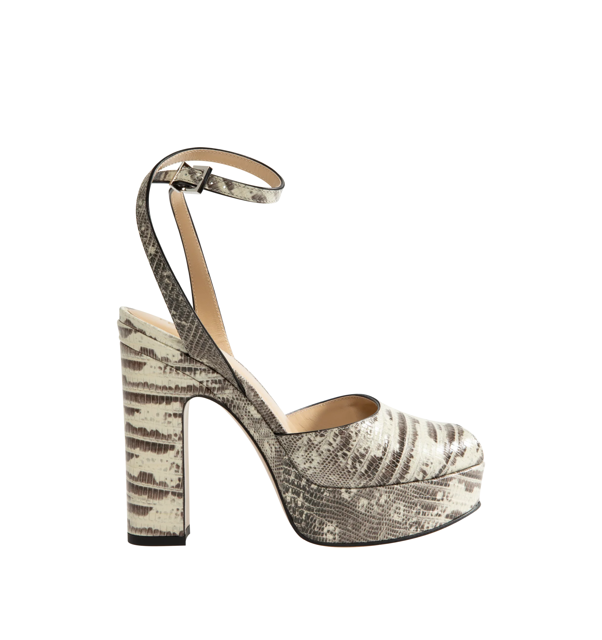 Image 1 of 4 - MULTI - Fendi Women's After 9 Platform Sandals are crafted from calfskin with a parchment and black tegu print and feature an open-toe silhouette, a platform sole, an adjustable ankle strap, and a wide leather-covered heel with a tone-on-tone tegu print. These designer platform sandals combine bold texture with elevated craftsmanship for statement evening styling. Main Material: 100% Calfskin. Lining: 100% Goatskin. Heel Height: 125 mm. Made in Italy.