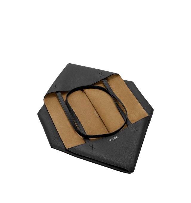 Image 5 of 5 - BLACK - LOEWE Large Horizontal Puzzle Fold Tote featuring lightweight geometric structure designed to fold completely flat, shoulder or hand carry, detachable inside suede zipped pocket, suede lining and gold embossed LOEWE. Soft grained calf. 33 cm x 37 cm x 14.5 cm. Made in Spain. 