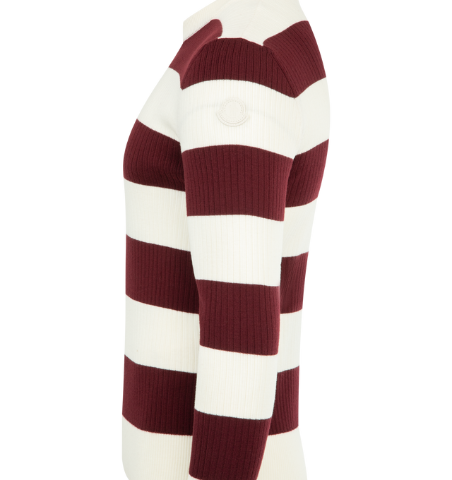 Image 3 of 3 - RED - MONCLER Striped Wool Sweater featuring rib knit, gauge 14, crew neck and leather logo patch. 100% virgin wool. 