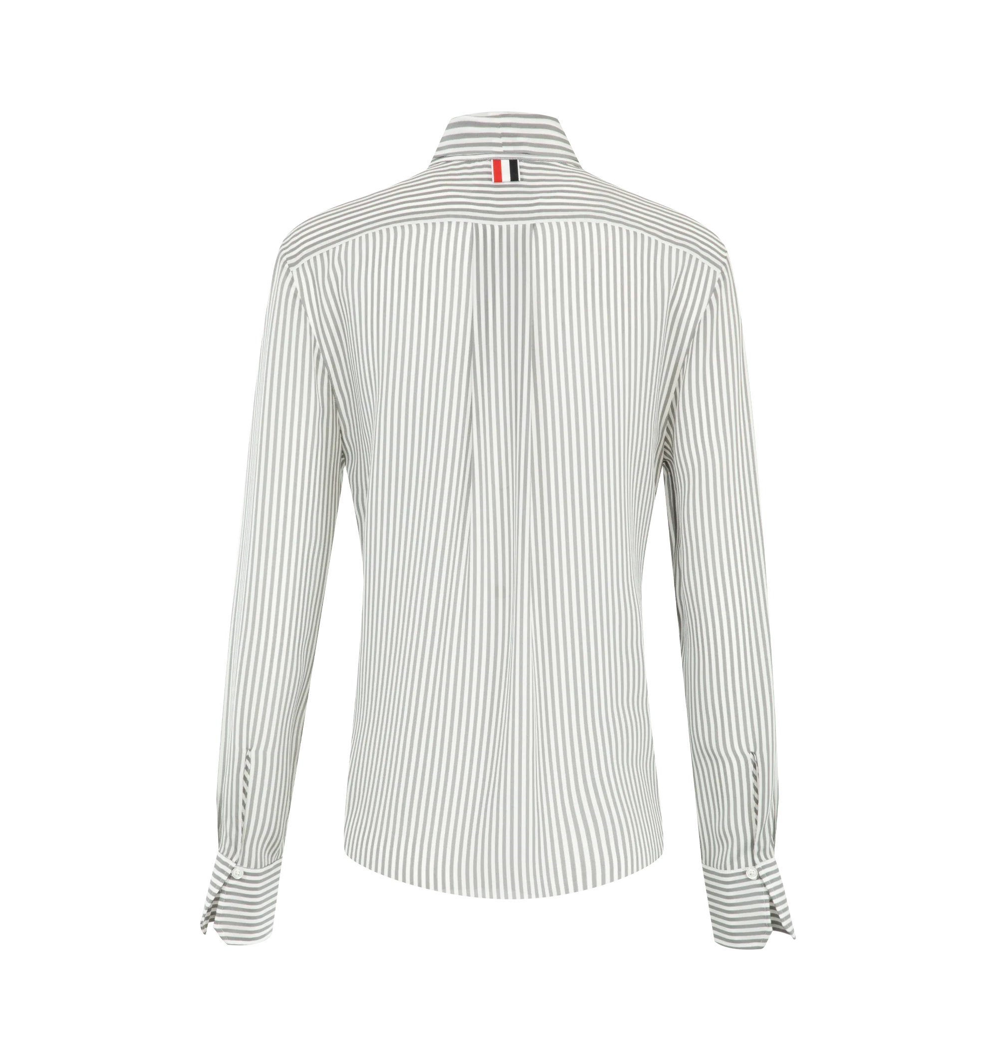 Image 3 of 3 - GREY - Thom Browne Womens Silk Shirt is crafted from fluid silk crpe de chine. Features a hidden button-front closure, band collar, detachable neck tie, buttoned cuffs, pleated back yoke with locker loop, curved hem, name tag appliqu, and signature striped grosgrain loop tab. Main Material: 100% Silk. Made in Italy. 