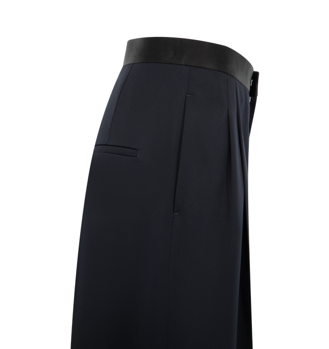 Image 3 of 3 - BLUE - BOTTEGA VENETA Wool Grain De Poudre Pants featuring zip and hook closure, satin waistband, side welt pockets, darts and double welt pocket on the back. 100% wool.