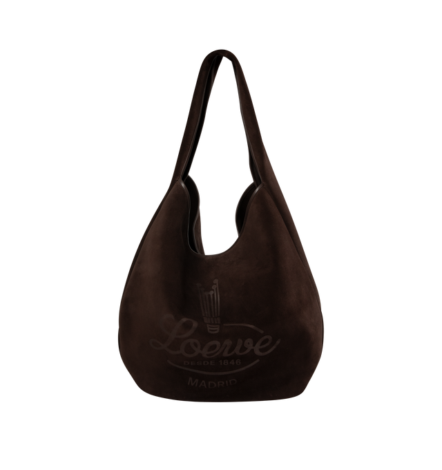 Image 1 of 3 - BROWN - Loewe Mens Roomy Hobo Bag is crafted from suede calfskin. Features a tactile construction that naturally conforms to the body, discreetly embossed archive-inspired LOEWE logo, shoulder carry, strap closure, leather piping, unlined interior, and detachable zipped pouch with calfskin puller. Main Material: Suede Calfskin. Dimensions: 46cm W x 41cm H x 19cm D; Handle Drop: 20cm. Made in Spain.