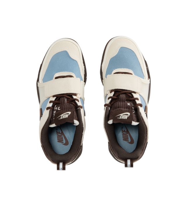Image 5 of 5 - BROWN - NIKE Zoom Field Jaxx Sneaker featuring leather upper, suede mesh overlays, Nike patch on tongue, TPU eyelets, swoosh on lateral sides, Cactus branding on medial side, velcro closure on front, Cactus Jack smiley face logo on heel, heel pull, debossed A I R logo on rear, rope laces, wavy lines reminiscent on midsole and waffle rubber outsole.