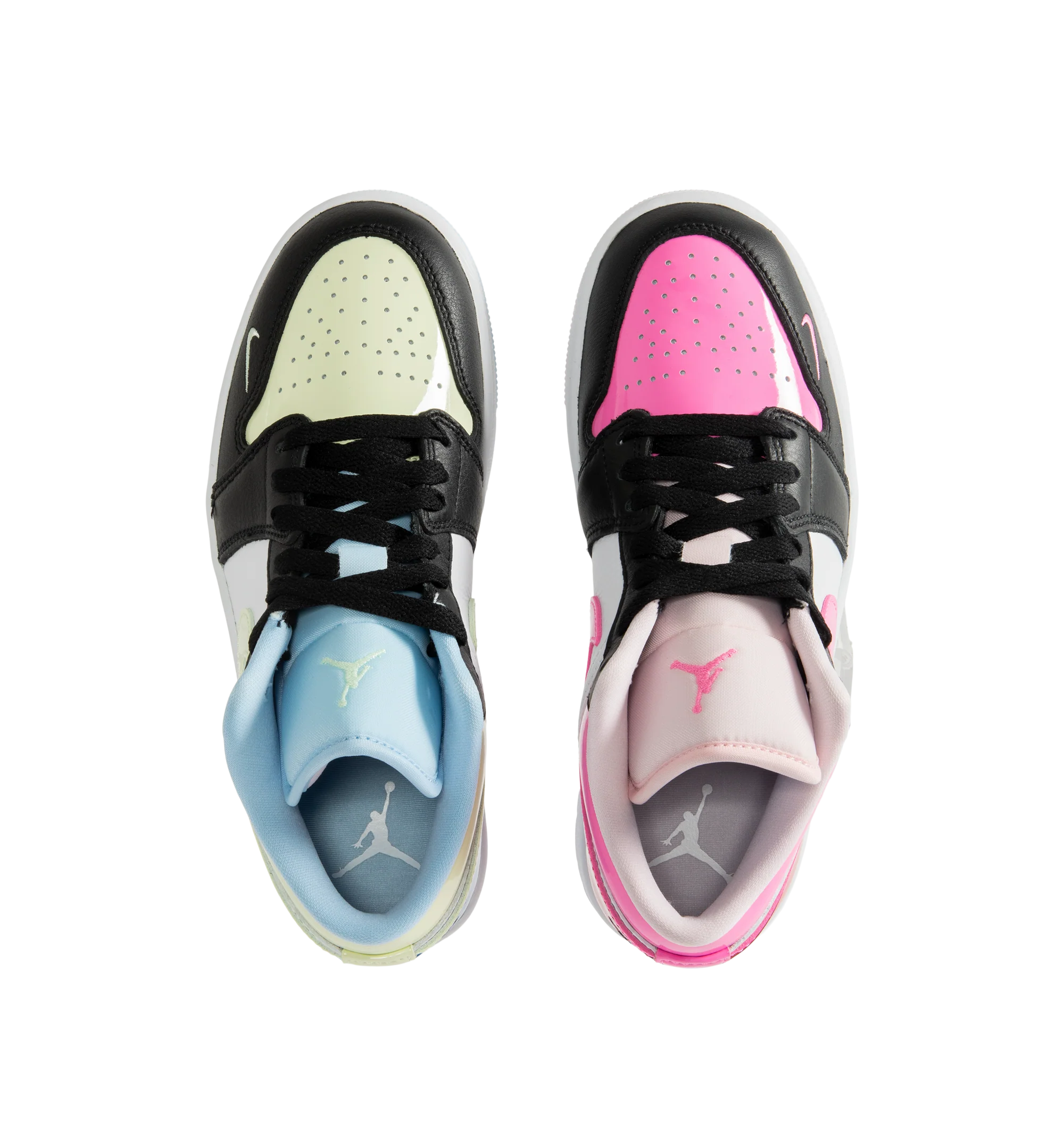 Image 5 of 5 - PINK - Air Jordan 1 Low SE Sneakers are crafted from leather and feature glossy patent accents with a playful mismatched color-block design that gives each shoe a unique look. Designed with a low-top silhouette, they are finished with Nike Swoosh branding, an embroidered Mini Swoosh at the lateral toe, Air Jordan Wings embroidery at the heels, perforated toe boxes, and durable rubber outsoles. Main Material: Leather. Sole: Rubber. Color: Multicolor. Made in womens sizing. 
