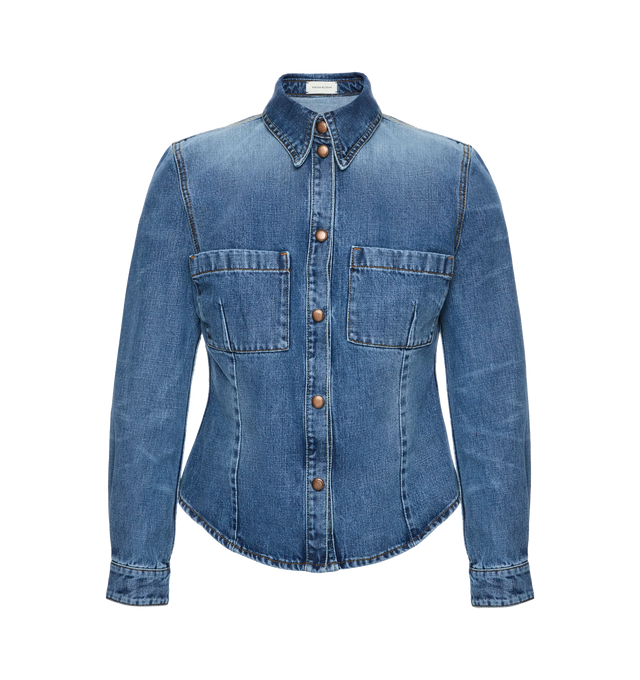 Image 1 of 2 - BLUE - MAGDA BUTRYM Fitted Denim Shirt featuring tailored denim shirt, a pointed collar, front flap chest pockets and snap-button closures. 100% cotton.