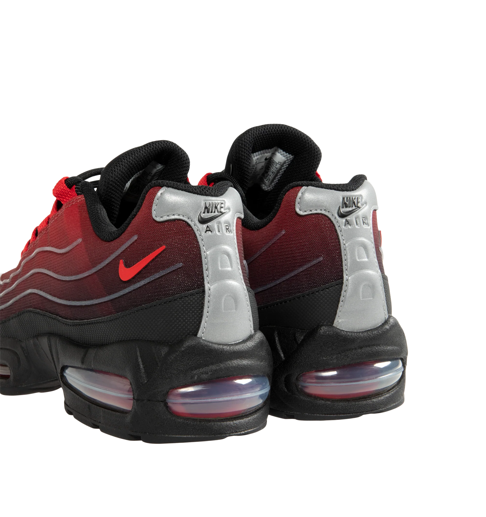 Image 3 of 5 - RED - Nike Men's Air Max 95 Big Bubble Sneaker featuring textile and synthetic leather, visible Max Air cushioning, flex grooves in the midsole and outsole, foam midsole and rubber outsole. 