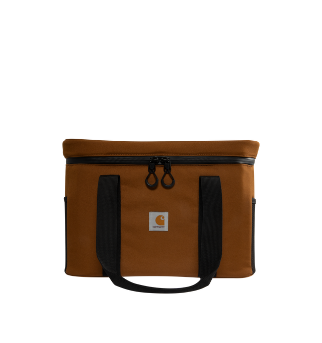 Image 1 of 3 - BROWN - CARHARTT WIP Cooler Bag featuring canvas exterior and ripstop lining, wrap around zip closure, one main compartment, mesh pockets on both sides, padded panels, up to 48 hours insulation, leak-proof, easy-to-clean, food safe, odours and stains free lining and detachable adjustable shoulder strap. 17" W x 11" H x 11" D.