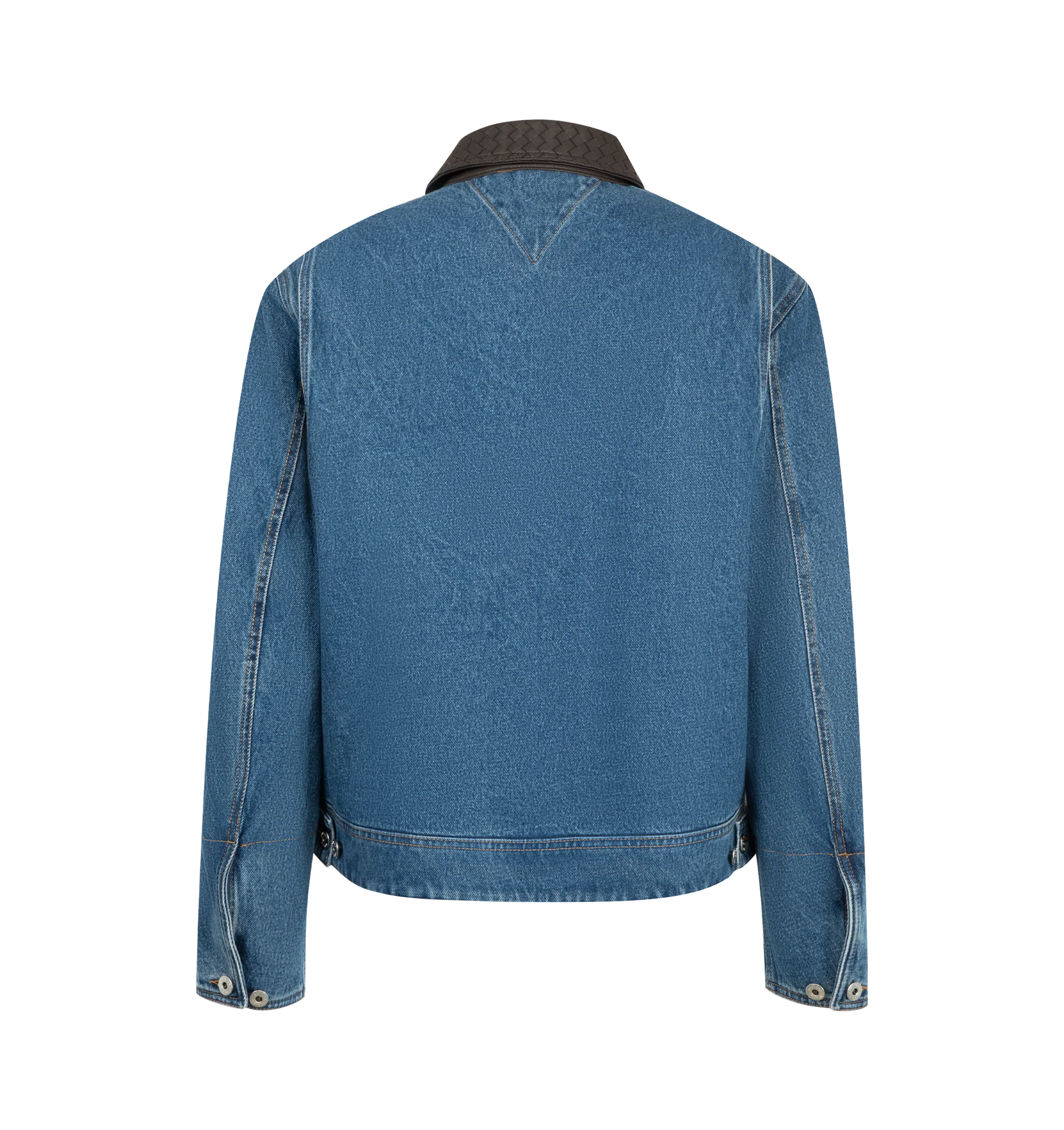 Image 2 of 3 - BLUE - Bottega Veneta Men's Denim Jacket is crafted from washed denim panels and features a boxy silhouette with an Intrecciato leather collar. Designed with a workwear-inspired construction, it is finished with a zip-front fastening, zipped pockets, and metallic knot pull-tabs that add a sculptural touch. Main Material: 100% Cotton. Collar: 100% Leather. Made in Italy.