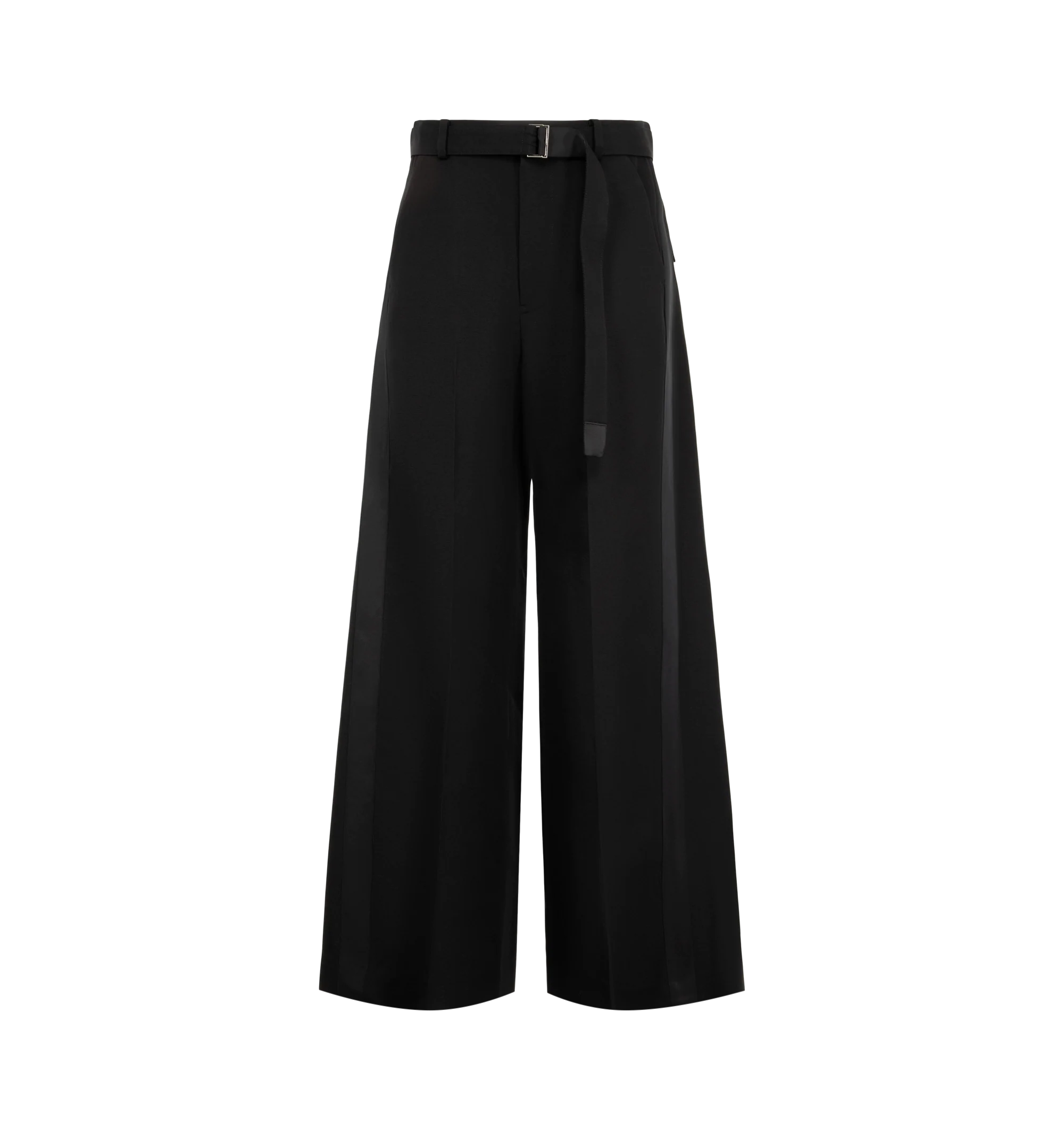 Image 1 of 3 - BLACK - Sacai Women's Double-Faced Silk Cotton Trousers feature a belt loop, a wide-leg silhouette, and a sleek integrated belt detail. Materials: 54% Silk, 45% Cotton; Liner 100% Cupro.