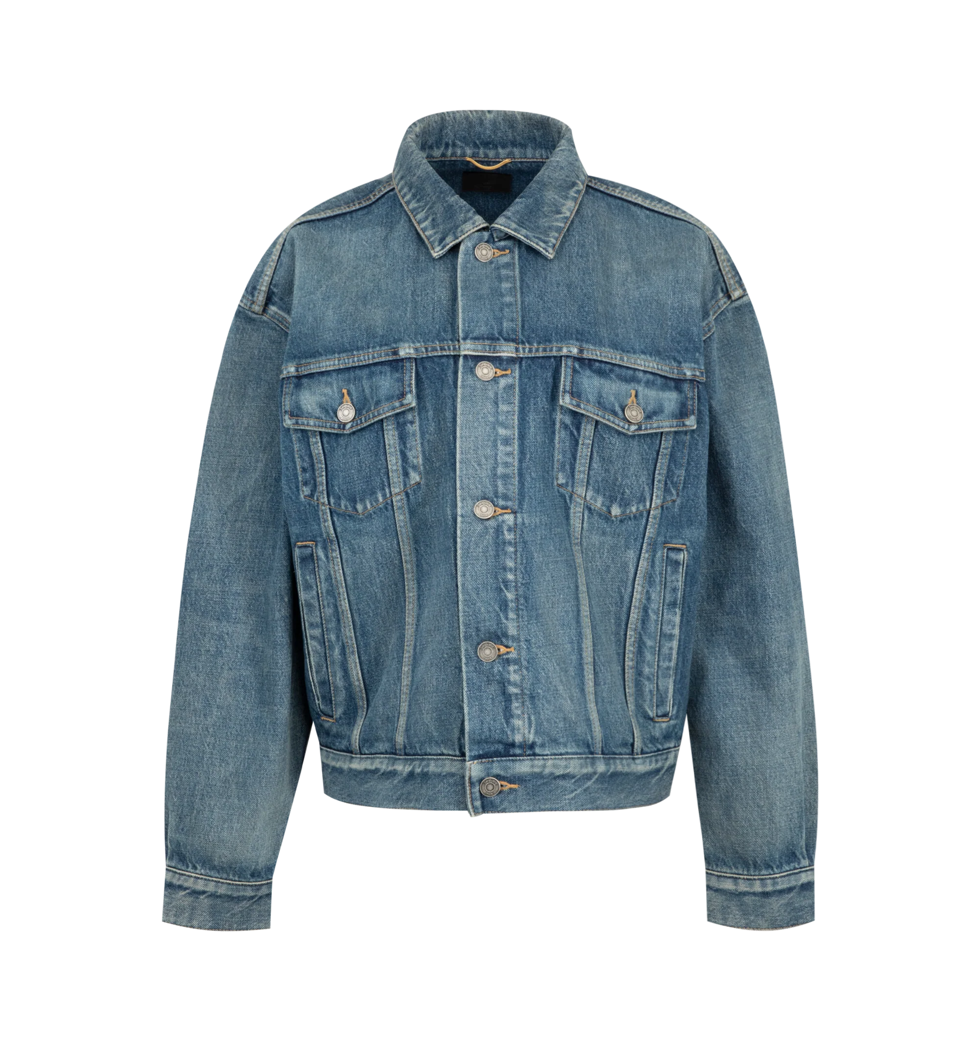 Image 1 of 3 - BLUE - Saint Laurent Womens Jean Jacket is crafted from certified cotton denim. Features a loose fit, button-front closure, pointed collar, buttoned flap chest pockets, front welt pockets, one-button cuffs, cotton lining, and embossed Saint Laurent Paris leather jacron. Main Material: 100% Cotton; Lining: Cotton. Made in Japan.
