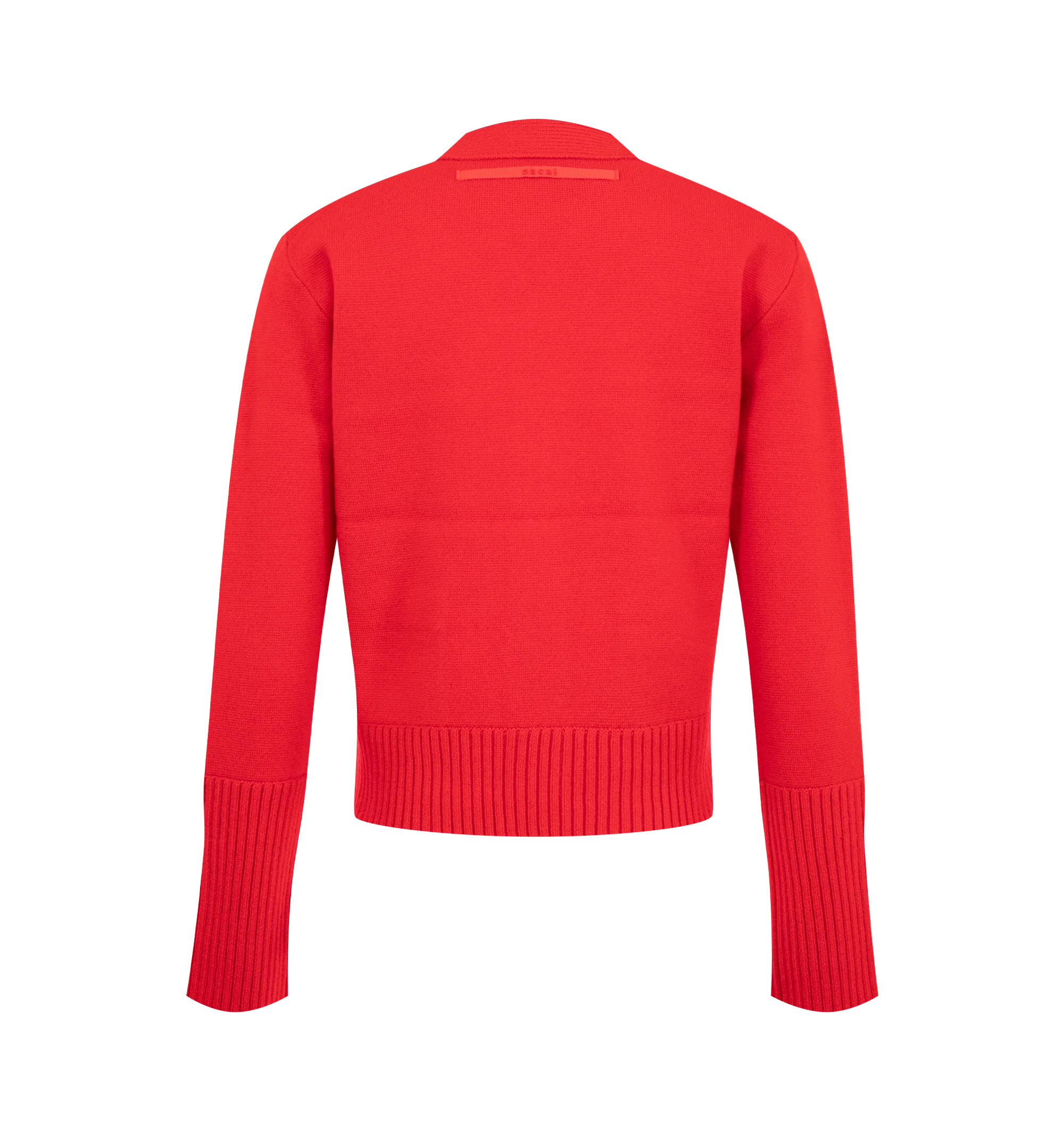 Image 2 of 2 - RED - Sacai wool knit cardigan featuring button-front closure, v-neck and front patch pockets. 100% wool. Made in Japan.