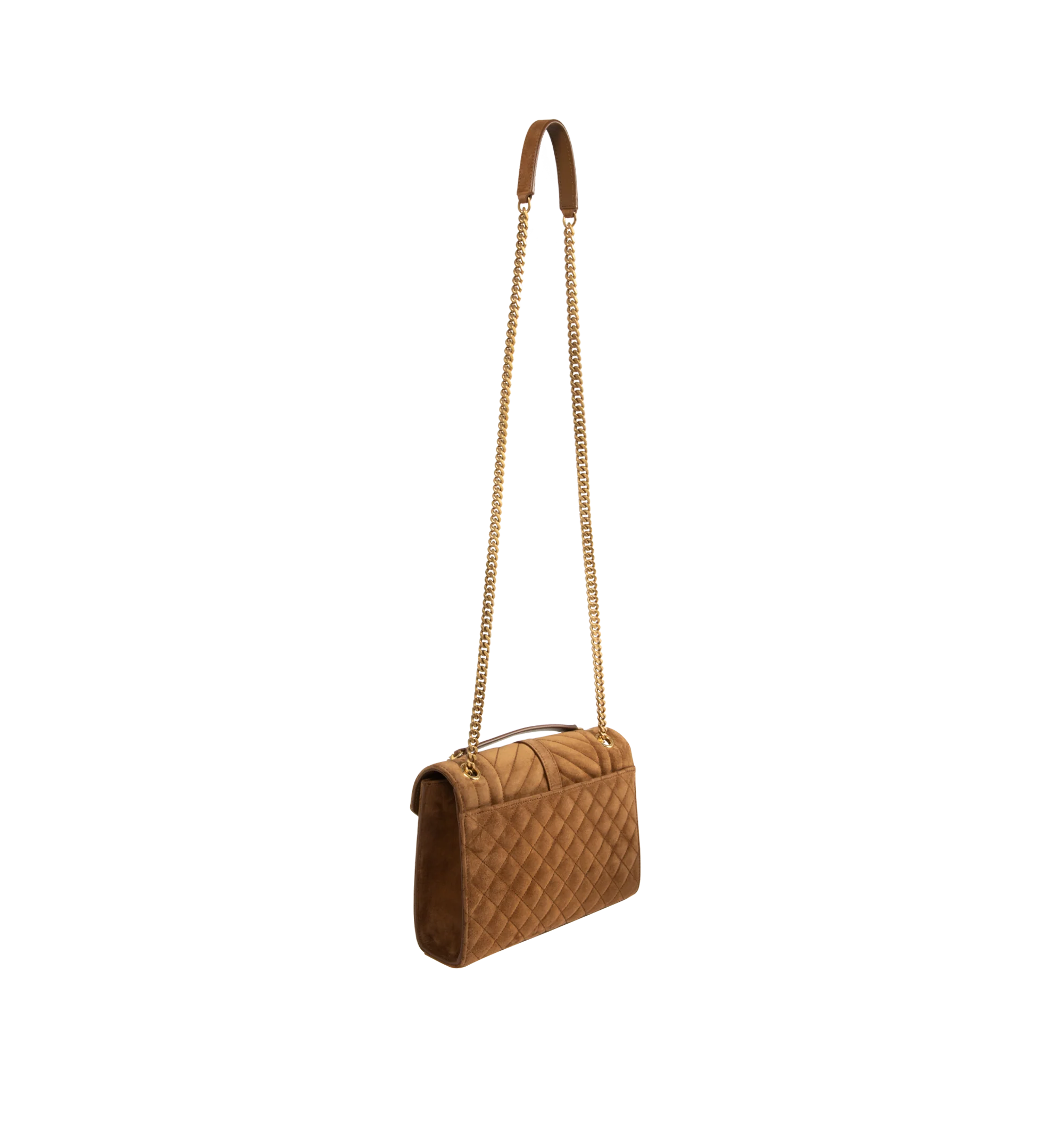 Image 3 of 4 - BROWN - Saint Laurent Leather Envelope Medium Chain Bag features a magnetic snap closure, one main compartment, one flat interior pocket, and one flat pocket at the back for additional storage. Dimensions: 9.4 X 6.8 X 2.3 inches. Main materials: Calfskin Leather, brass harware. Made in Italy.  