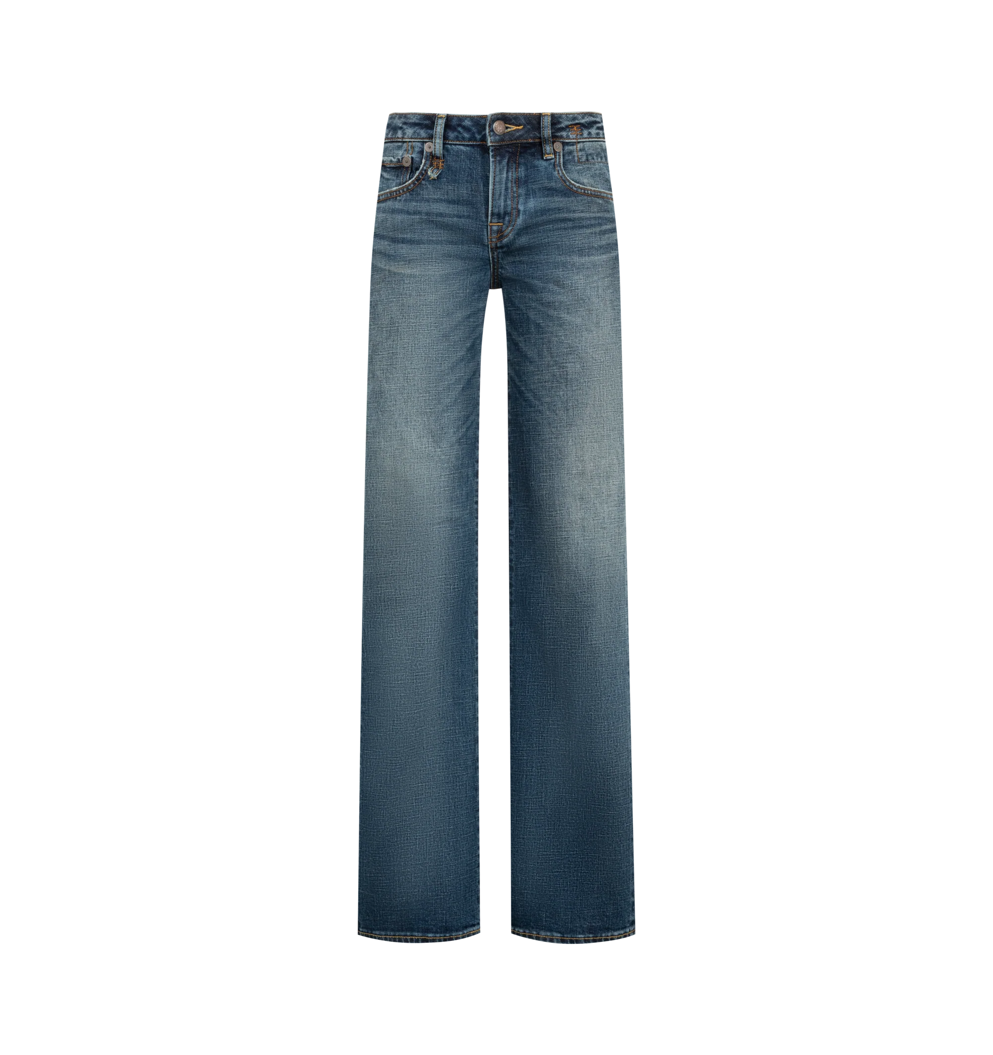 Image 1 of 3 - BLUE - R13 Womens Effie Jeans are crafted from 13 oz. rigid denim and feature a low-rise, relaxed straight-leg silhouette. Finished with a medium Sanford Blue wash and a moderate vintage wear pattern. Main Material: 100% Cotton. Made in the USA.