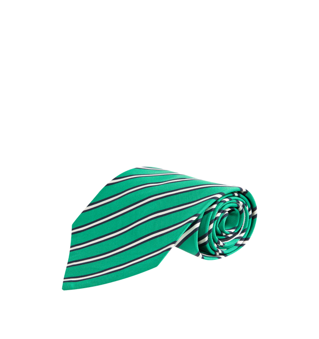 Image 1 of 3 - GREEN - THOM BROWNE Silk Cotton Mogador Tricolor Wide Tie featuring RWB grosgrain trim, name tag appliqu and tricolor stripe. 56% silk, 44% cotton. Made in Italy.