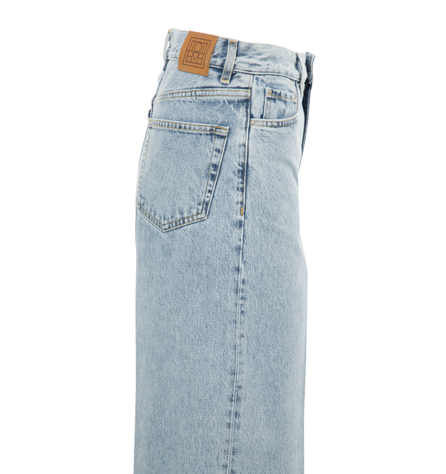 Image 3 of 4 - BLUE - TOTEME Wide Leg Denim featuring high waistline and long, wide legs that are press-creased, belt loops, five pockets and zipper fly. 100% cotton organic. Made in Italy.