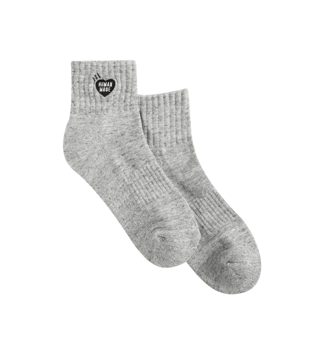 Image 1 of 2 - GREY - HUMAN MADE Pile Short Socks featuring ribbed cuff, heart logo embroidery and thick and cushioned. 82% cotton, 15% polyester, 2% spandex, 1% nylon. Made in Japan.