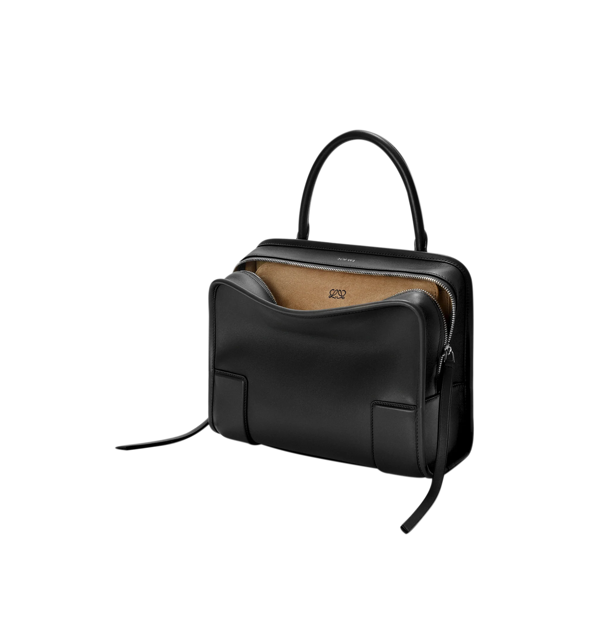 Image 7 of 17 - BLACK - Loewe Amazona Medium 180 Bag in soft calfskin leather featuring a relaxed silhouette with a single toron top handle, designed to be carried open, while a concealed closure secures the main compartment, removable shoulder and crossbody straps, zip closure with two leather zip pullers, two compartments, main compartment closed with magnetic closure, internal flat pocket, suede lining and embossed logo. Soft calfskin. Strap length 108 cm; Strap Drop 50 cm; Handle drop 11 - 28 cm; Height