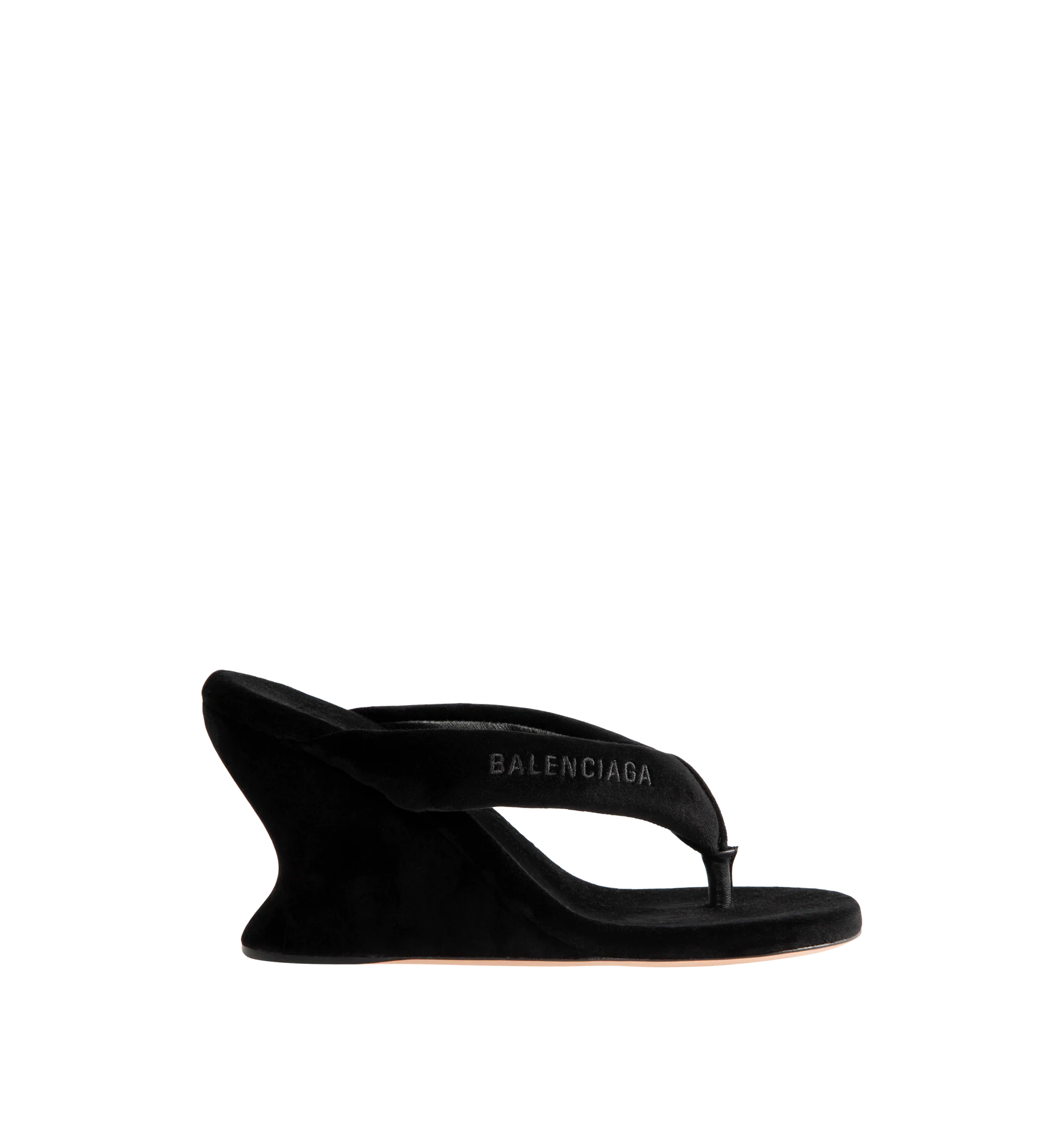 Image 1 of 4 - BLACK - Balenciaga Womens Gaeta Wedge Thong Sandals are crafted from a plush stretch velvet material. Feature a round toe, padded thong strap, slip-on design, 90mm arch wedge heel, and leather sole. Upper: cotton, viscose, elastane, Sole: calfskin, Insole: cotton, viscose, elastane. Made in Italy.