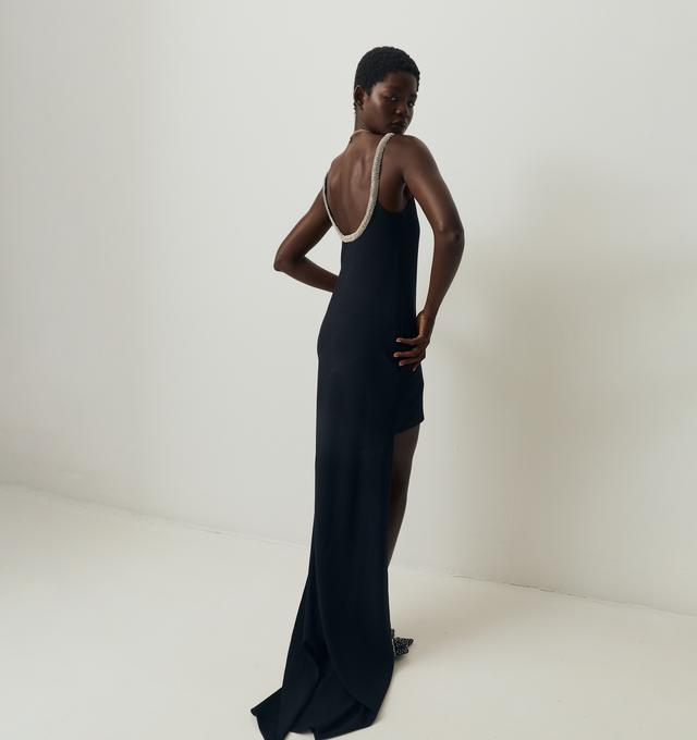 Image 3 of 5 - BLACK - TOM FORD Crystal Embroidery Cocktail Dress featuring an asymmetric crepe satin cocktail dress with sculpted crystal-chain embroidery, a high-low silhouette and fully lined. 73% acetate, 27% viscose. Lining: 100% silk. Made in Italy. This item may be restricted for online purchase to international clients. For assistance purchasing this item please contact our dedicated stylist team at personalshopping@hirshleifers.com. 