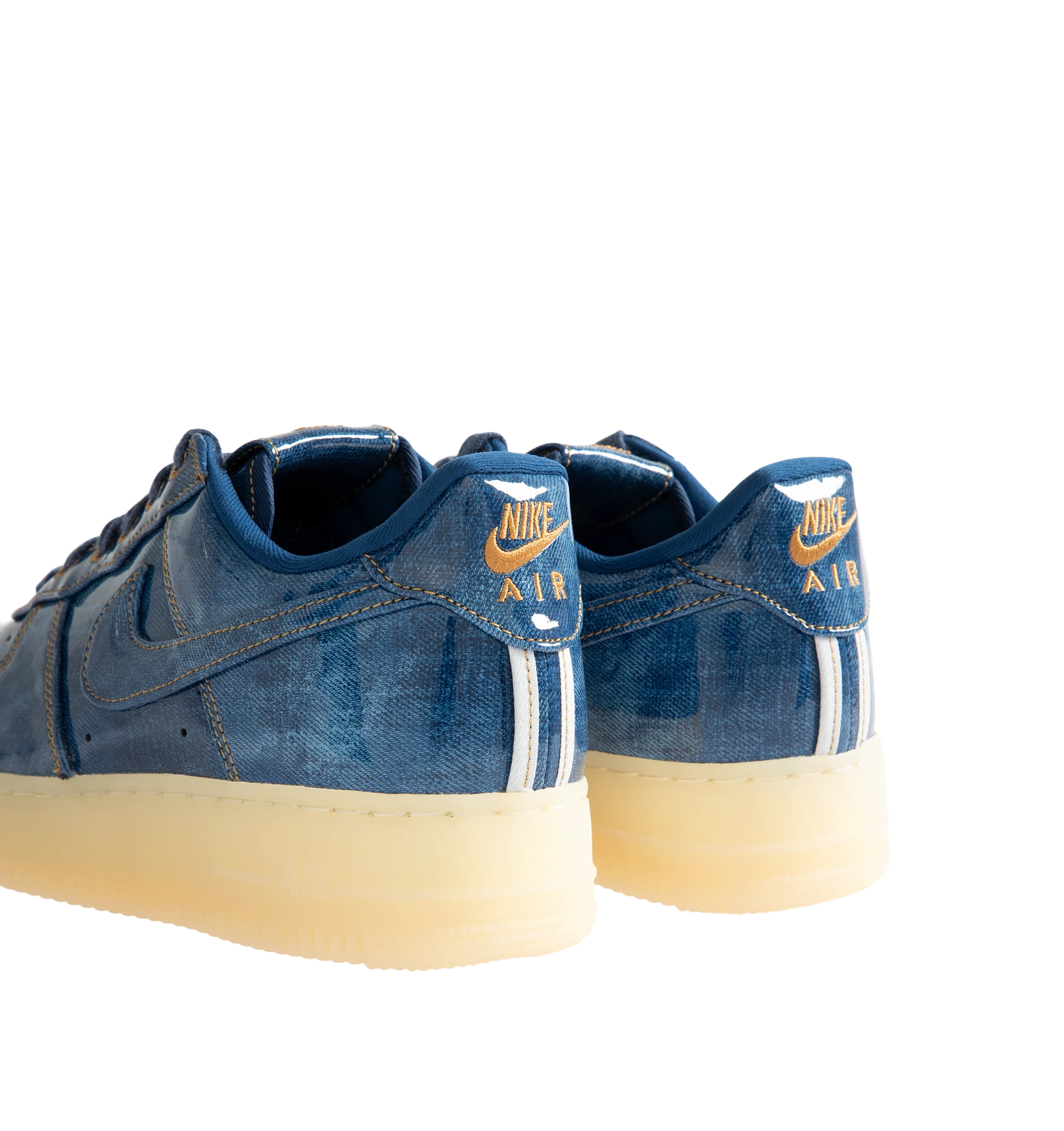 Image 3 of 5 - BLUE - Nike Men's Air Force 1 Low Retro Premium Sneaker featuring patent leather denim upper with perforated toe box, Nike Air technology and rubber outsole with heritage hoops pivot circles.