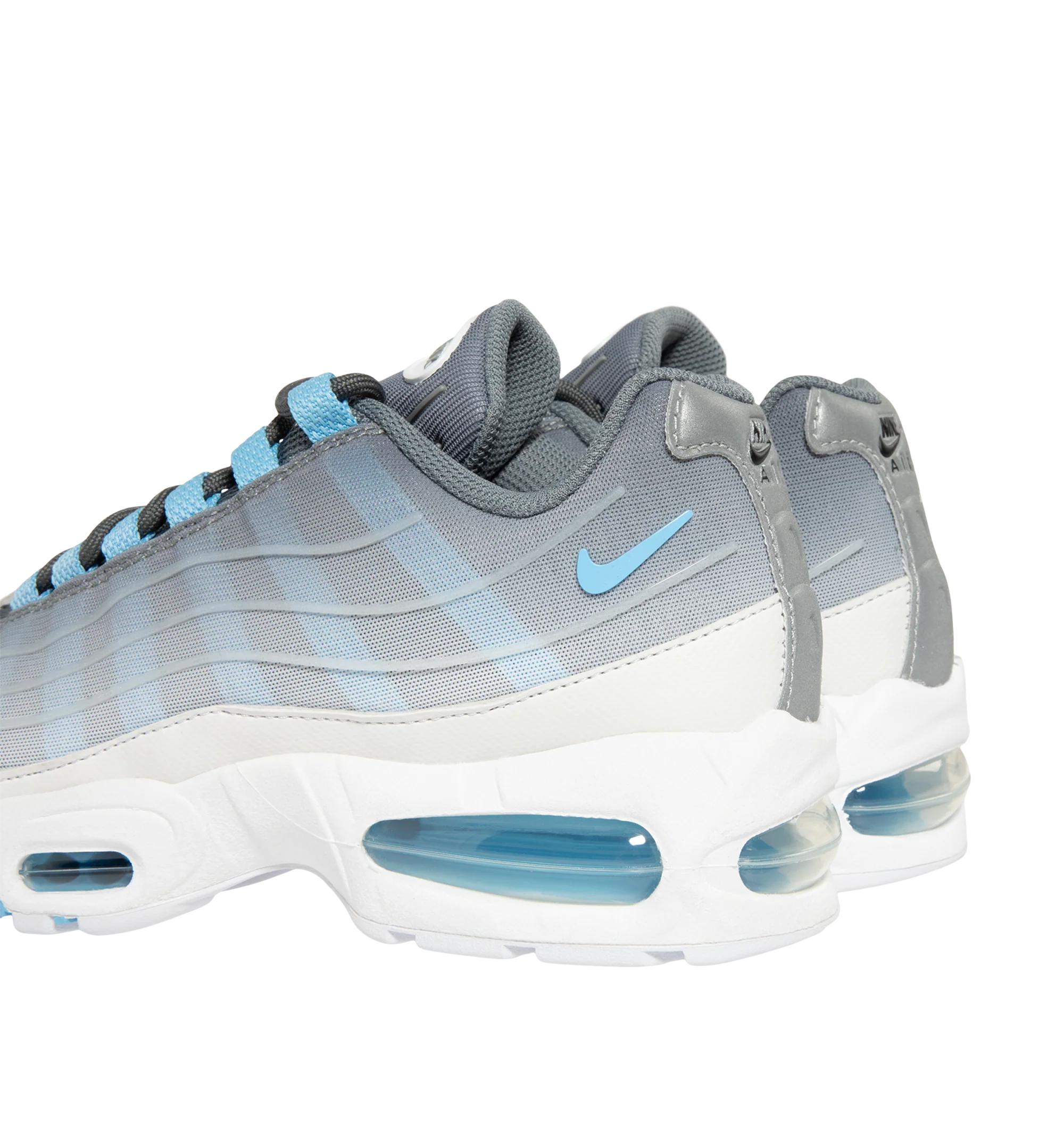 Image 3 of 5 - BLUE - Nike Men's Air Max 95 Big Bubble Sneaker featuring textile and synthetic leather, visible Max Air cushioning, flex grooves in the midsole and outsole, foam midsole and rubber outsole.