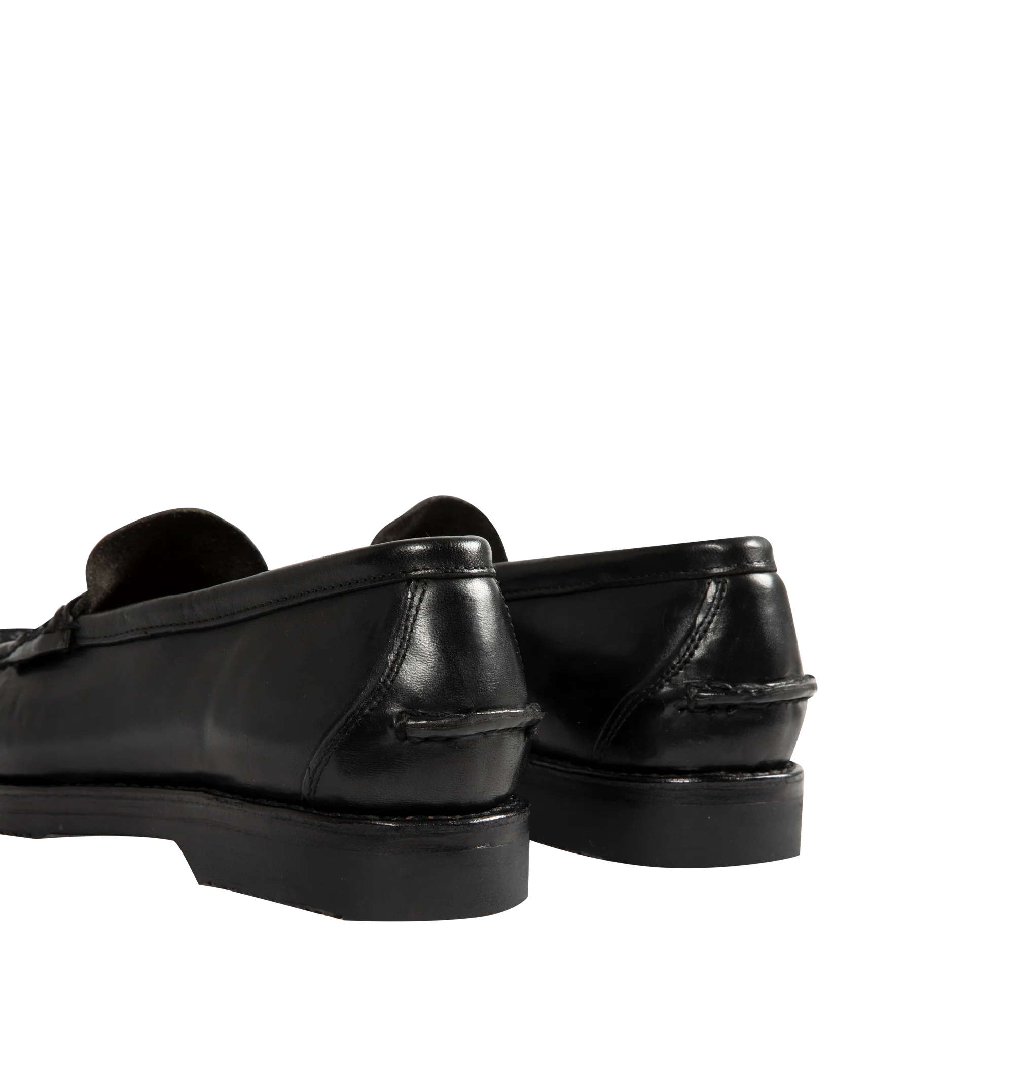 Image 3 of 4 - BLACK - Visvim Men's Fabro-Folk Leather Loafers are crafted from Italian vegetable-tanned horsehide and feature a minimalist penny loafer silhouette with hand-sewn construction and Goodyear-welted detailing. Designed with a pigment-free leather lining, natural cork insole, leather welt and midsole, and a Vibram outsole for lasting comfort, durability, and resoling capability. Main Material: Italian Vegetable-Tanned Horsehide. Lining: Pigment-Free Leather. Insole: Natural Cork. Midsole: Leathe