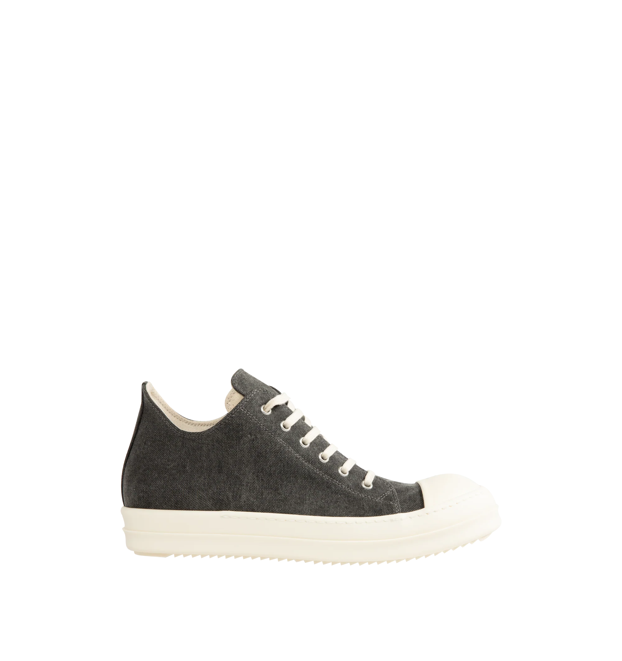 Image 1 of 5 - GREY - Rick Owens Men's DRKSHDW Low Top Sneaks Sneakers featuring canvas trainers with a rounded toe, tonal laces, contrast chunky sole, and contrast toe cap. Main Materials: Canvas textile. Rubber sole. Made in Italy.