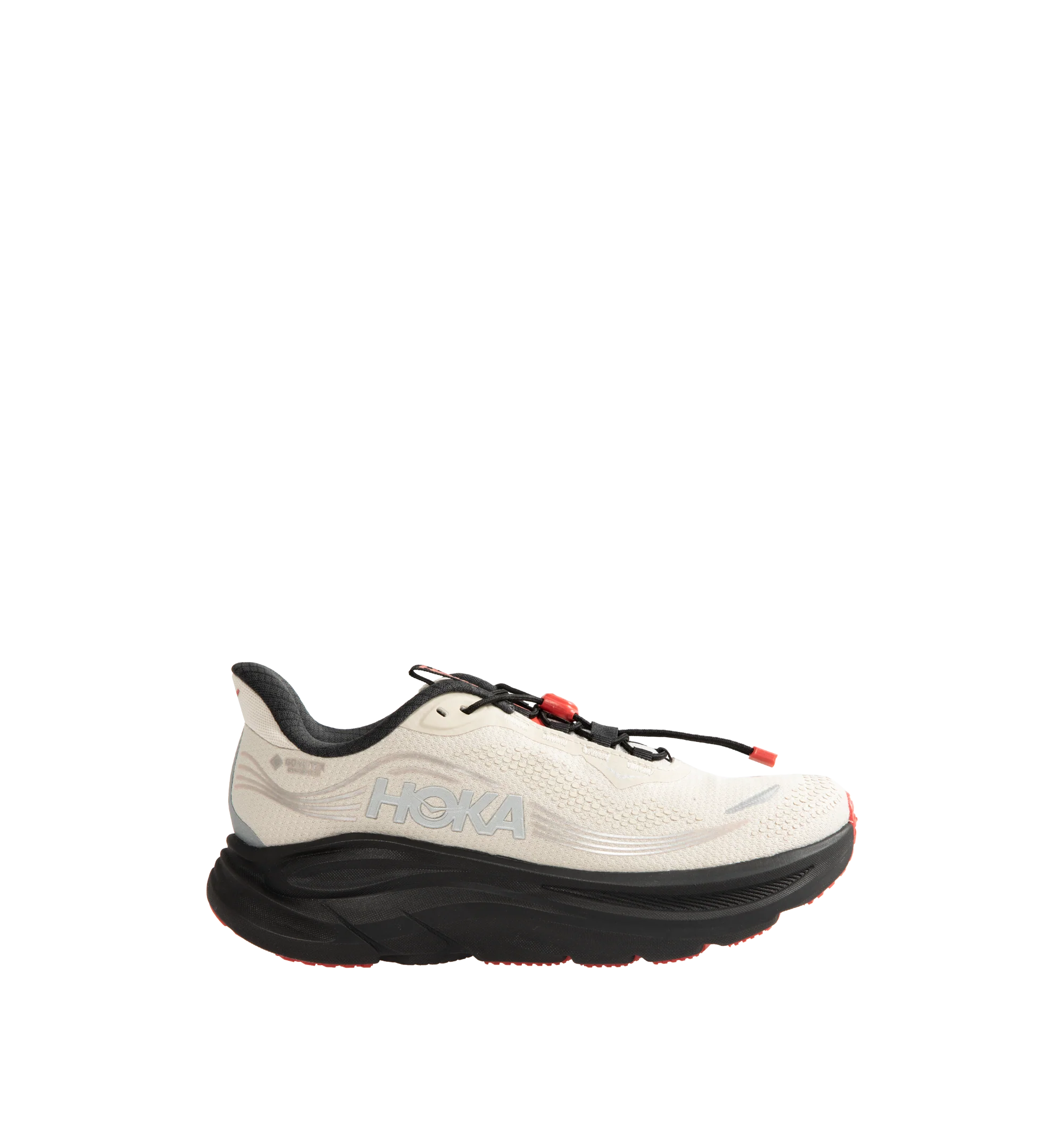 Image 1 of 5 - NEUTRAL - Hoka Men's Clifton 11 GTX Running Sneakers feature a closed-mesh upper with a GORE-TEX Invisible Fit membrane and PFC-free water-repellent treatment. An adjustable speed-lace system with toggle, reflective details, a compression-molded EVA midsole, and a Durabrasion rubber outsole with forefoot traction pods complete the weather-ready design. Upper: Mesh with GORE-TEX Membrane. Midsole: EVA Foam. Sole: Rubber. Heel-to-Toe Drop: 8 mm.