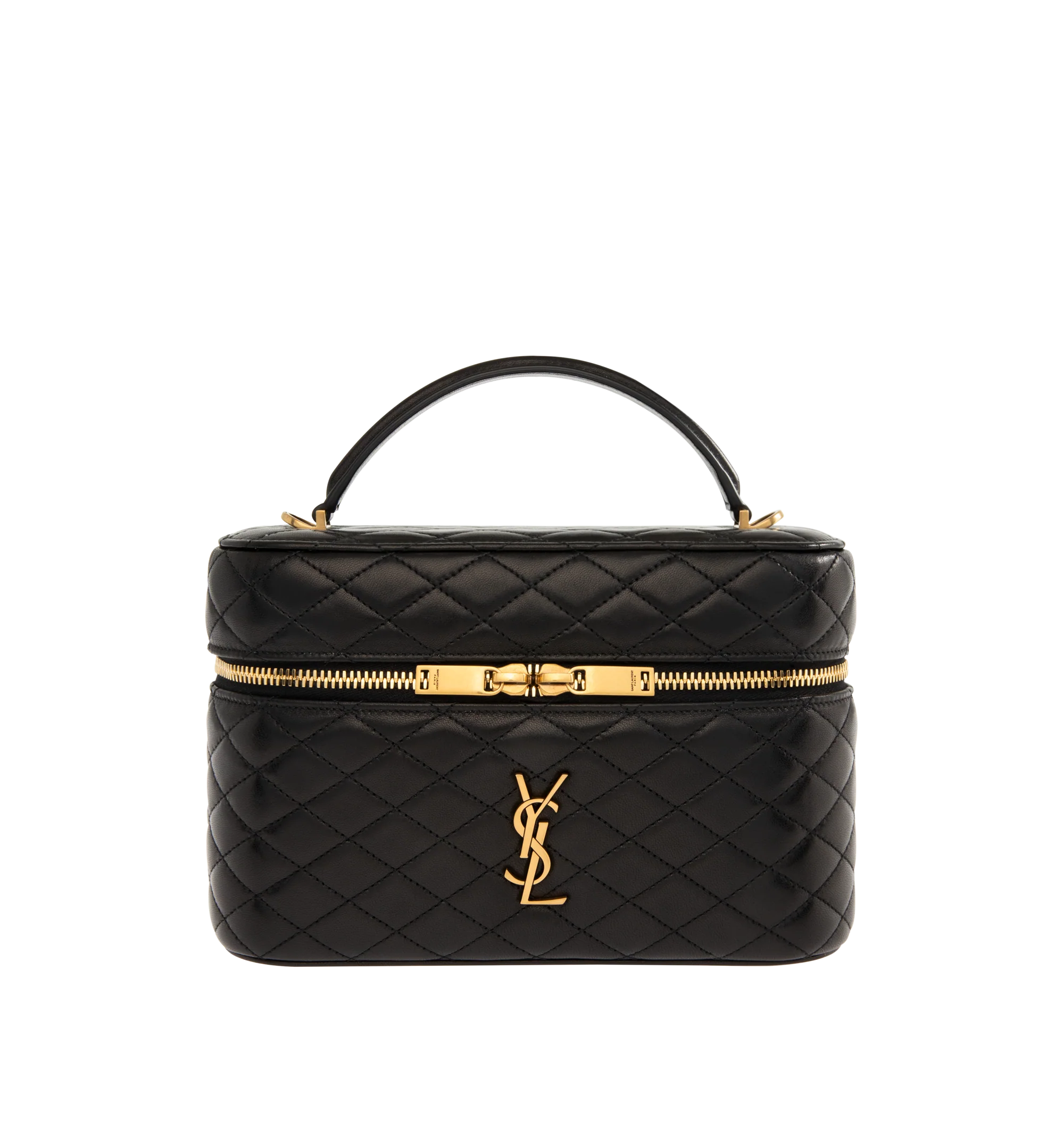 Image 1 of 3 - BLACK - SAINT LAURENT Gaby Large Vanity Bag in lambskin featuring diamond-quilted topstitching, fully lined in leather, top handle, an adjustable and detachable strap, bronze-tone hardware, zip closure and one card slot. 8.7" x 6.1" x 3.1". Lambskin. Made in Italy.