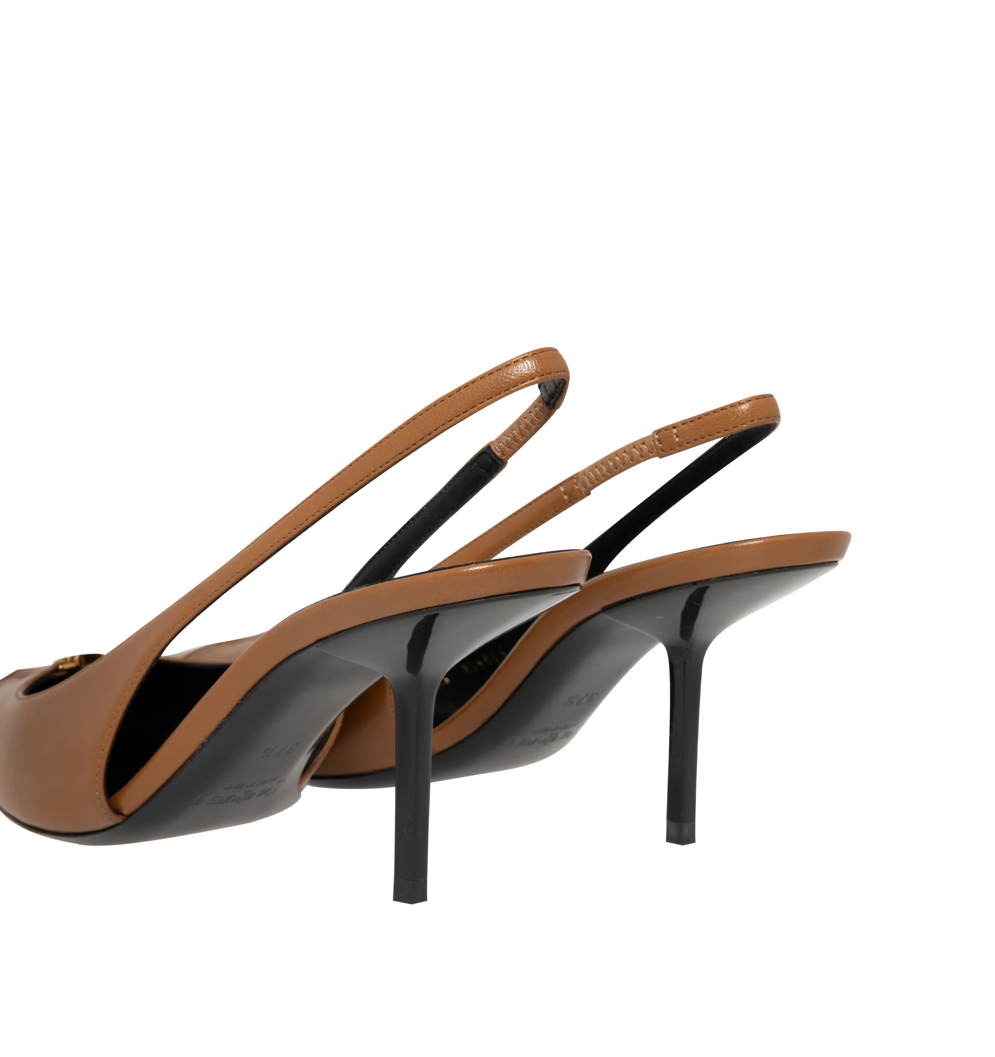 Image 3 of 4 - BROWN - Saint Laurent Womens Slingback Pumps are crafted from lambskin leather. Feature a cut-out elongated toe with signature Cassandre hardware, elasticized slingback strap, low stiletto heel, leather sole, and engraved Saint Laurent insole plaque. Main Material: Lambskin Leather; Hardware: Brass; Sole: Leather. Heel Height: 7.5 CM / 3 Inches Made in Italy.