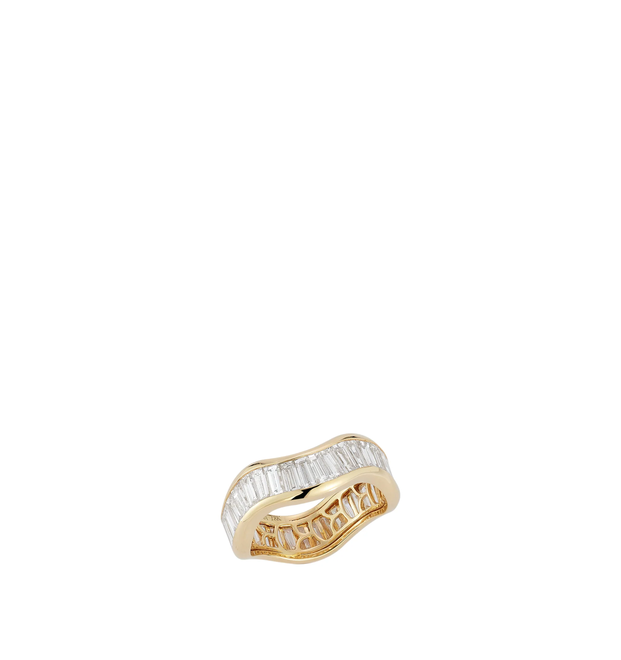 Image 2 of 2 - GOLD - Renna Waved Equator Ring is crafted in 18K gold and features a sculptural wave silhouette set with sleek baguette-cut diamonds that curve elegantly around the finger. Unconventional yet timeless, this fine jewelry ring showcases approximately 4.02 total carats of diamonds, combining geometric brilliance with Renna's signature fluid, ocean-inspired aesthetic. Main Material: 18K Gold. Gemstones: Baguette-Cut Diamonds. Total Diamond Weight: Approximately 4.02 TCW for Size 6.For personal c