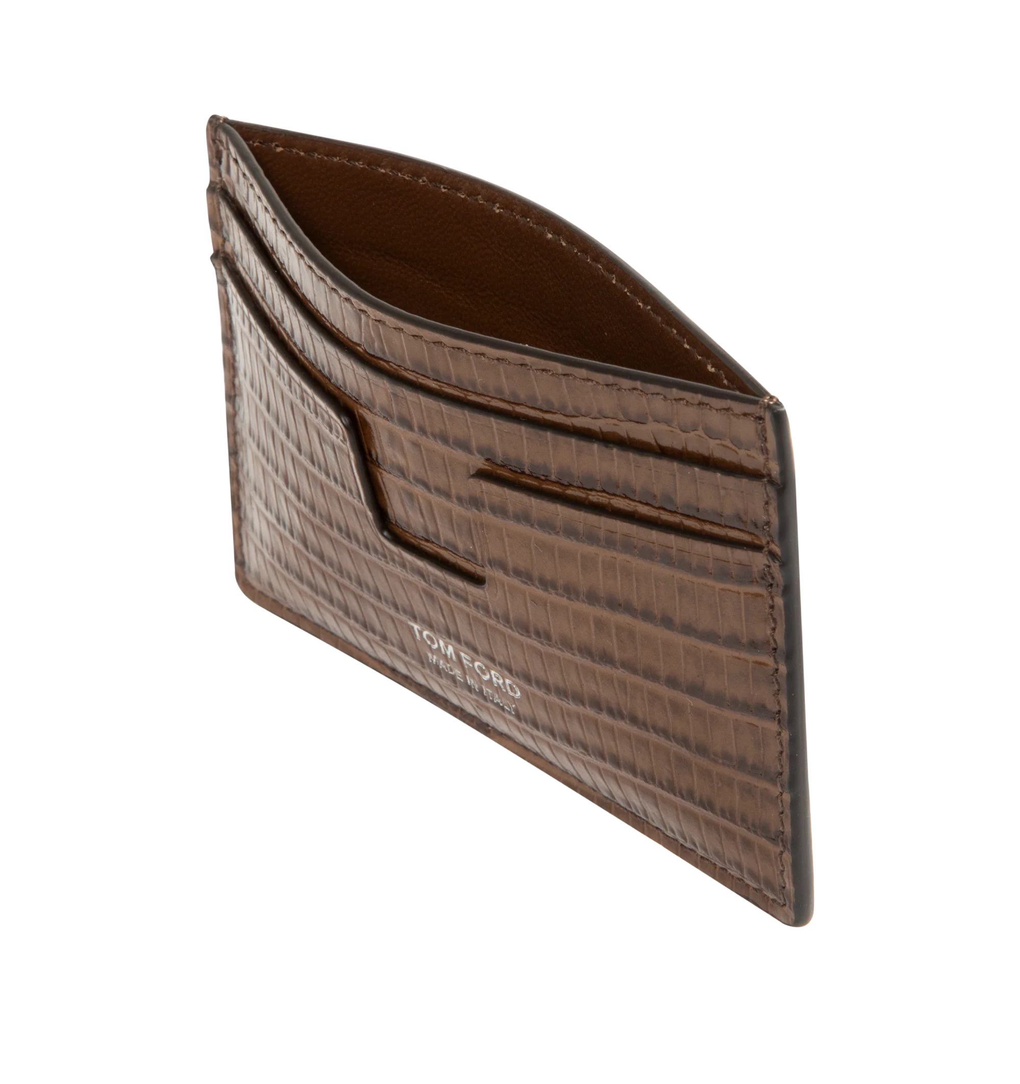 Image 3 of 3 - BROWN - Tom Ford T Line Card Holder is crafted from soft grain calf leather and features the signature elongated T detail. This designer combines refined craftsmanship with elevated functionality for daily use. Main Material: 100% Calf Leather. Lining: 70% Calf Leather, 30% Sheep Leather. Made in Italy.