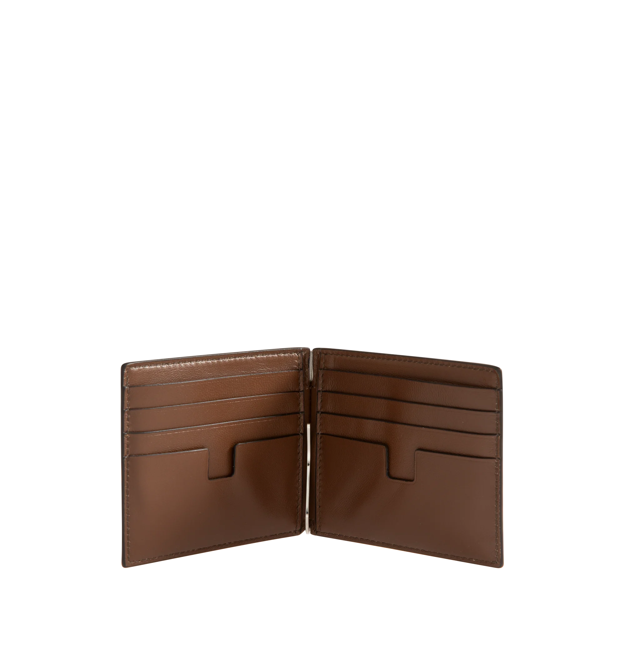 Image 3 of 3 - BROWN - Tom Ford T Line Soft Grain Leather Money Clip Wallet is crafted from soft grain calf leather and features the signature elongated T detail, an integrated money clip, and a compact bi-fold silhouette with multiple card slots for everyday organization. This designer leather money clip wallet combines refined craftsmanship with elevated functionality for daily use. Main Material: 100% Calf Leather. Lining: 70% Calf Leather, 30% Sheep Leather. Dimensions: 10.5 x 9 x 0.8 cm. Made in Italy. 